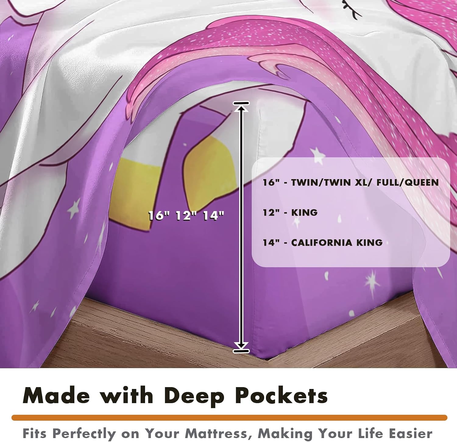 Cute Unicorns Twin Bed Sheets 3 Piece, Purple Rainbow Kids Print Fitted Sheet Set with 16 Inch Deep Pocket, Cartoon Horse Bedroom Decor Bedding, Soft Microfiber Wrinkle Free X-W130