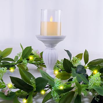 Greenery Garland for Mantle with Lights Battery Operated Vine Garland with Timer, Spring Summer Wedding Holiday Decor