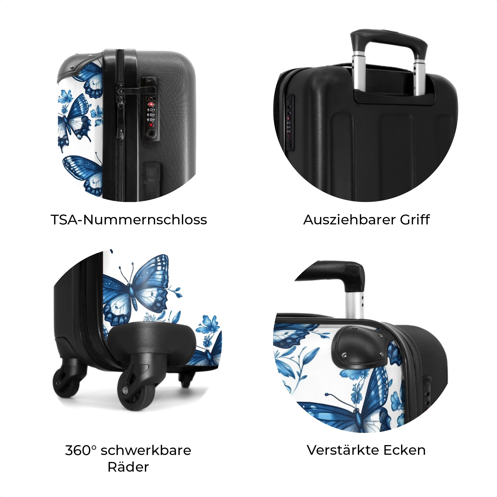 NoBoringSuitcases.com® Koffer Mittelgroß 67x43x25 cm Hartschalenkoffer L Trolley Rollkoffer 4 Rollen Leicht Hartschale Mittel Groß Blau - Schmetterlinge - Blumen - Weiß