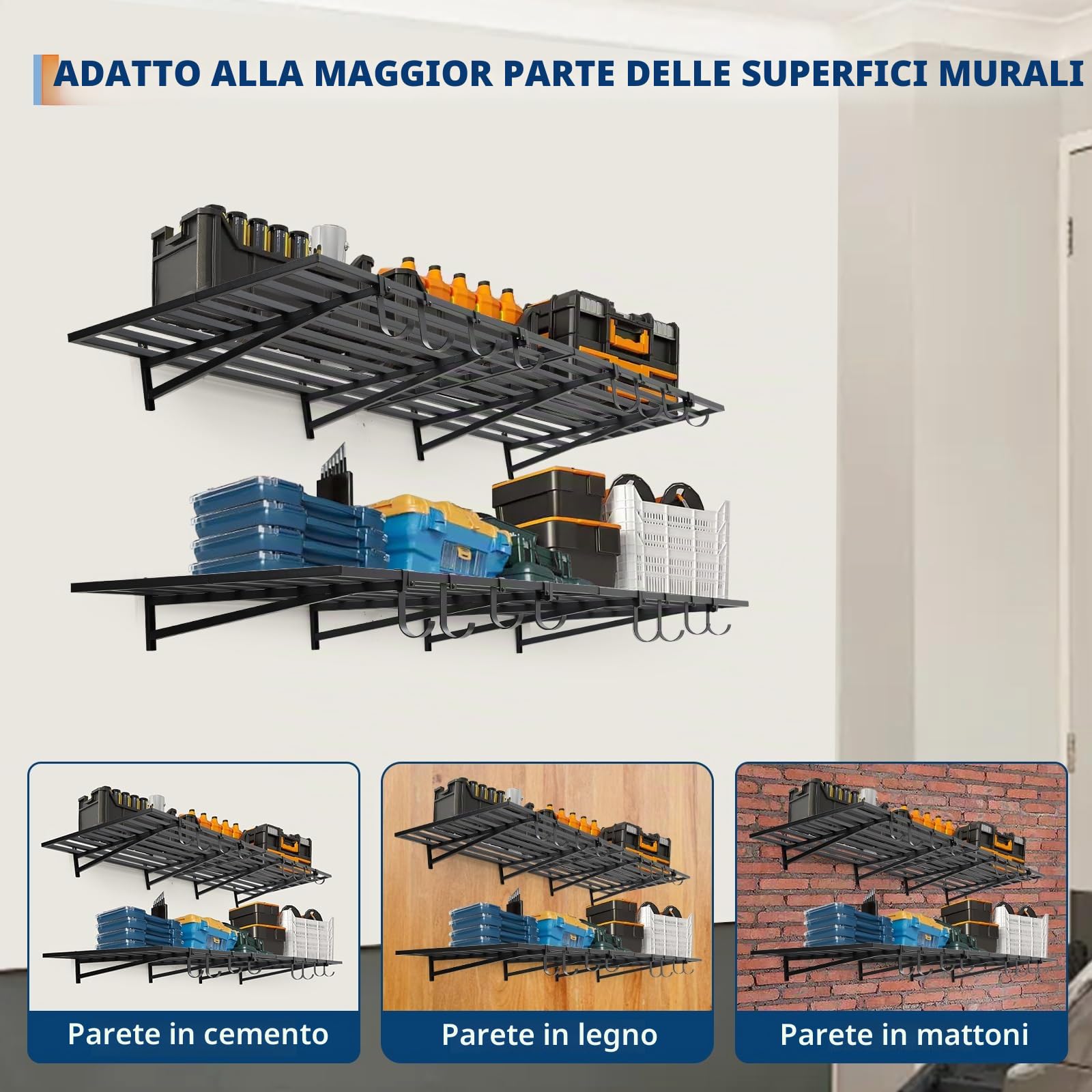 Set di 2 mensole da parete per garage - Scaffali in metallo pesante - Portata 400kg - Ganci inclusi - Soluzione salvaspazio per garage, officina, casa - Montaggio a muro facile - 2*4ft 2pcs