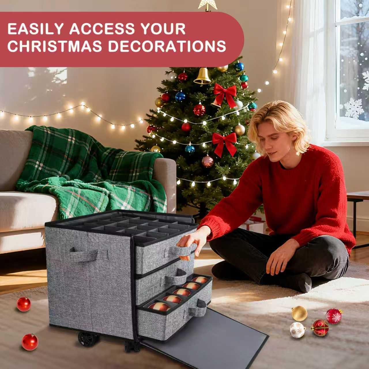 Lukeline Christmas Ornament Storage Box with Wheels, Stackable Christmas Ornament Organizer with 3 Drawer Trays, Openable Ornament Organizer for Storing Decorations, Portable Christmas Ball Box