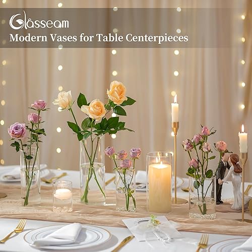 Miniatura 4 de Glasseam Portavelas de cristal de huracán para centro de mesa, juego de 30 portavelas cilíndricos de cristal, jarrones cilíndricos transparentes a