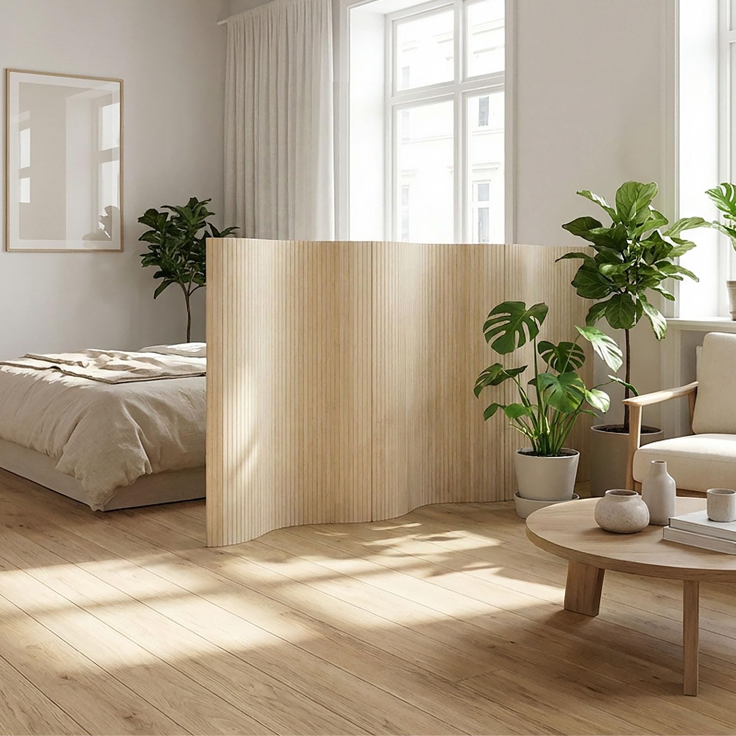Homestyle4u Paravent en bambou naturel - En forme de vague - 145 cm de haut - Pliable - Brise-vue - Pour appartement, bureau à domicile - Cloison de séparation - Article 3140