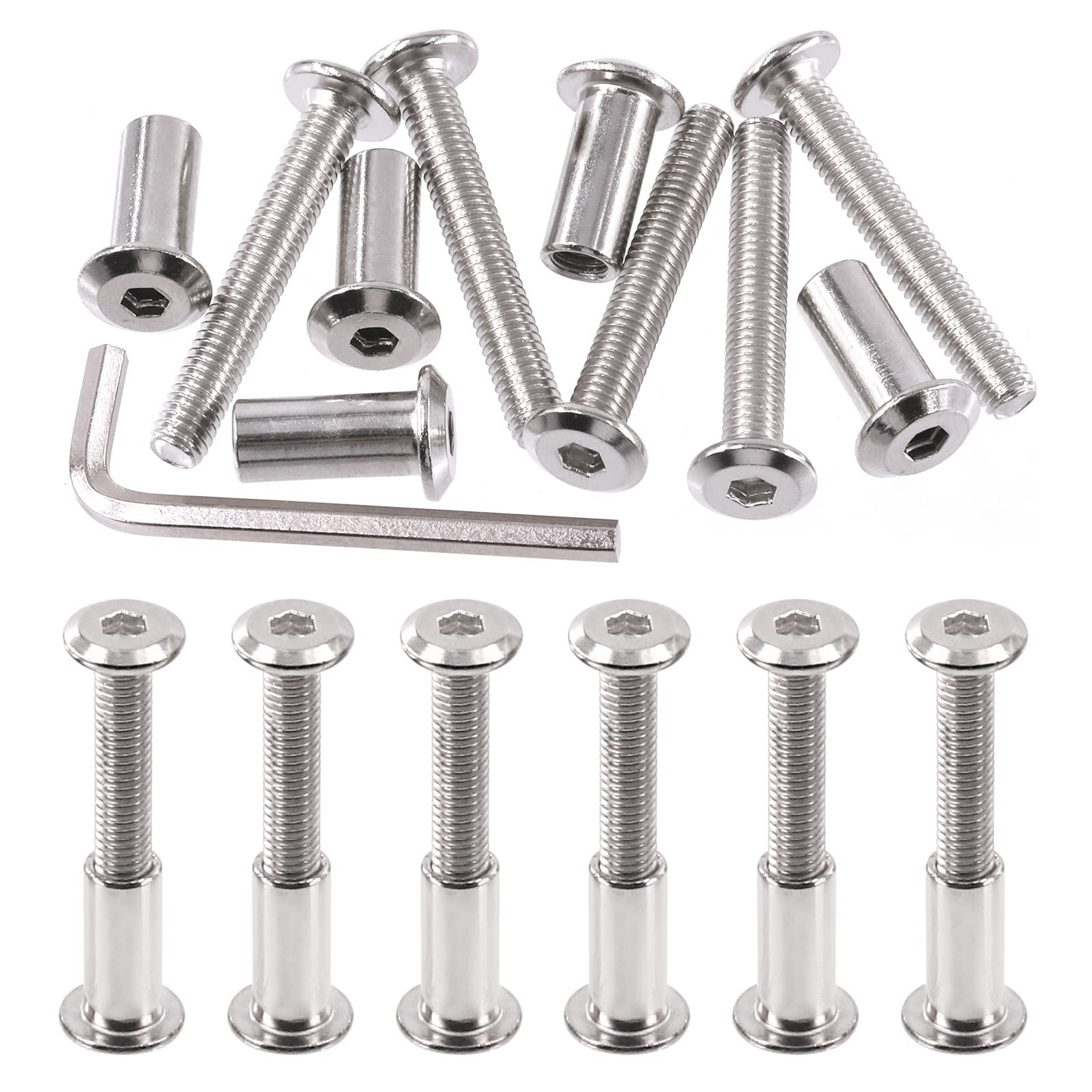 Swpeet 25Pcs M6x40mm Nickel Plated Sliver Binding Screws Hex Drive Socket Cap Bolts Barrel Nuts Assortment Kit with 1Pcs Allen Wrench, Screw Post Fit for Furniture Countsunk Belt