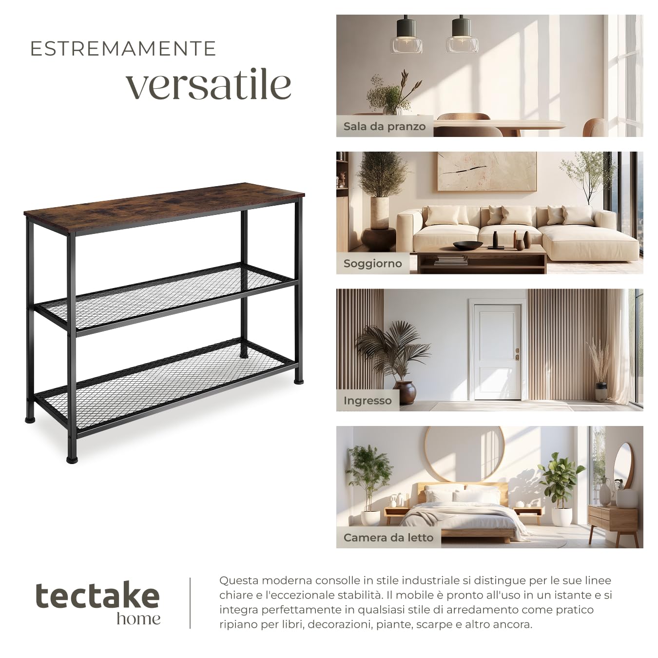 tectake® Tavolo Console, Struttura in Acciaio, Piano in Legno, Due Grandi Piani in Reticolato, Piedi Regolabili, Soggirno, Stile Industriale - Legno Industriale Scuro, Rustico