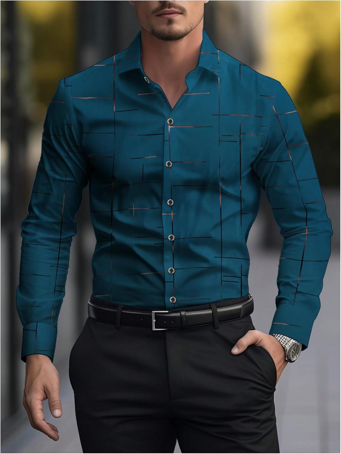 OYOANGLE Men's Dress Shirts Geo Print Long Sleeve Button Down Work Business Casual Shirt Top - Image 2