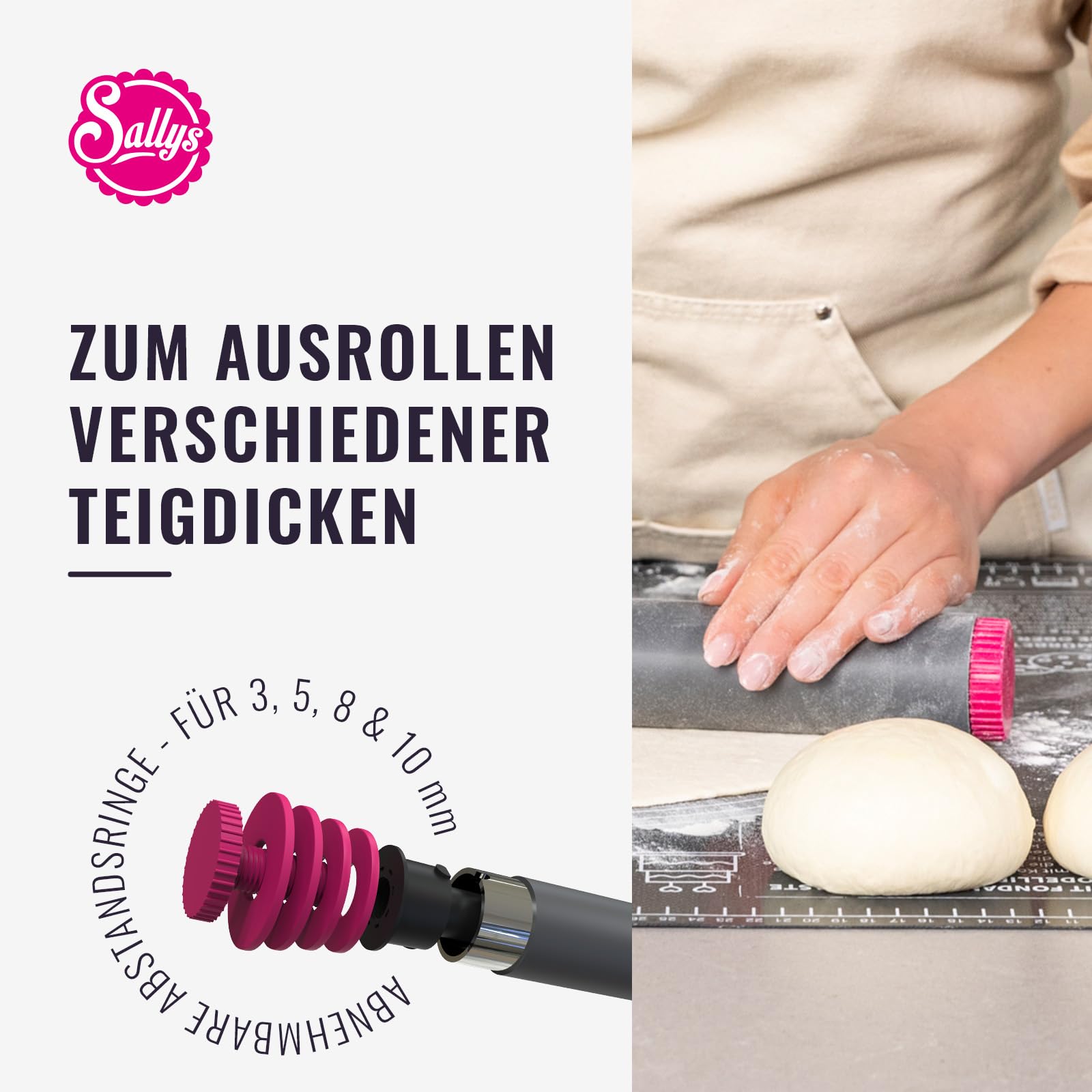 Sallys Profi Ausrollstab - 50 cm - Antihaft-Silikon & Edelstahlkern - Teigroller mit Abnehmbaren Abstandsringen - Nudelholz zum Backen