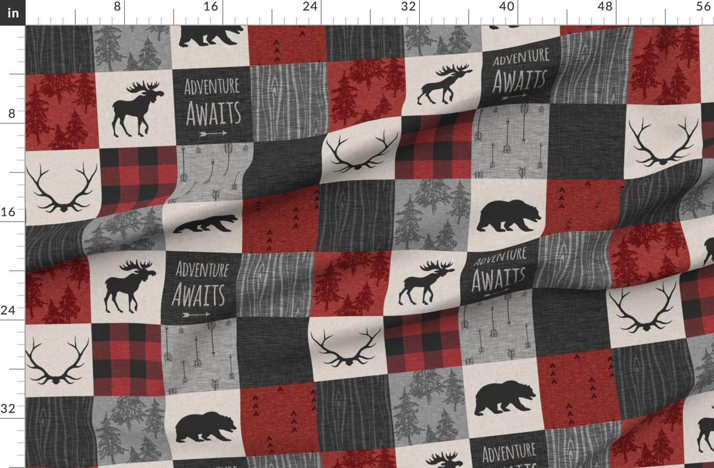 Spoonflower Fabric - Adventure Awaits Quilt Grey Black Red Buffalo Check Plaid Moose Bear Printed on Organic Cotton Sateen Fabric by The Yard - Sewing Quilting Apparel Home Decor