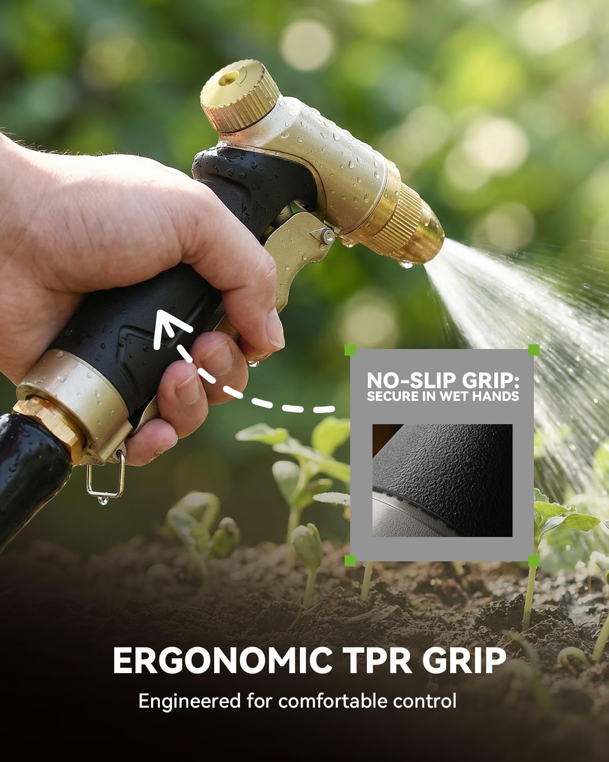 RAINPOINT Boquilla de manguera de jardín, pulverizador de manguera de metal 100% resistente, boquilla de manguera de agua de alta presión con patrones de pulverización ajustables y control de flujo