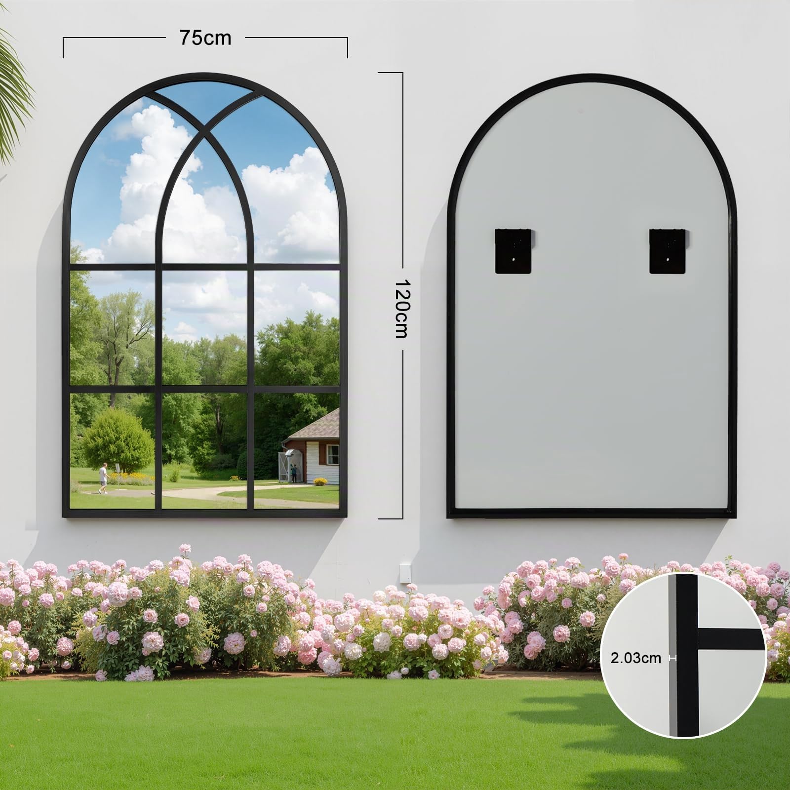 Reflix Miroir cintré, 75 x 120 cm, Miroir mural pour jardin et extérieur, style antique, miroir cintré gothique avec cadre en aluminium, pour couloir, salon, chambre à coucher, entrée, Noir