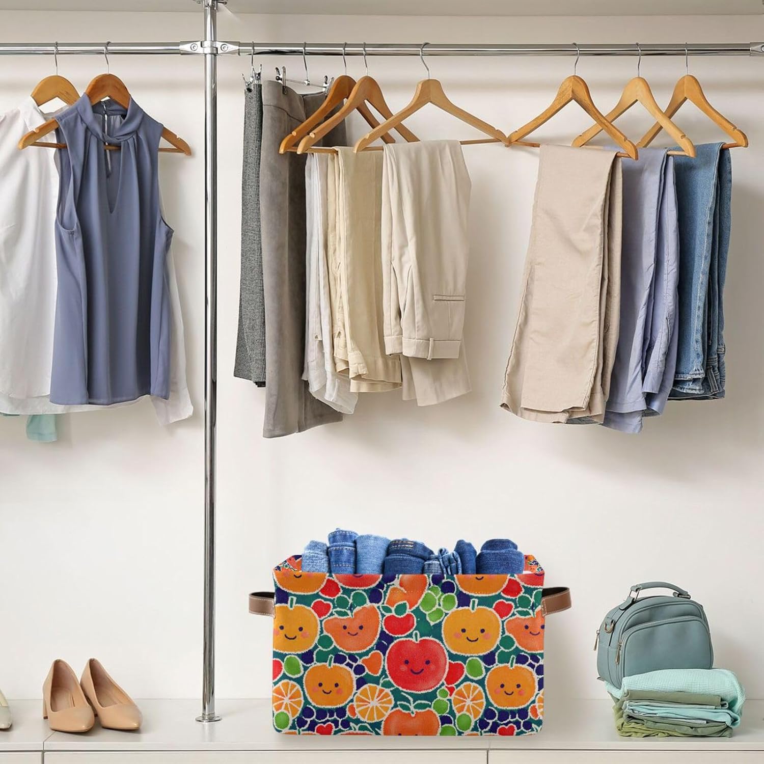 Foldable Storage Basket with Handles Smiling Fruits Pattern Fabric Kitchen Baskets Open Home Storage Bins Boxes Organizer Bag for Baby Cloth Pet Toy Book Shelf Closet Baskets 2 Pcs