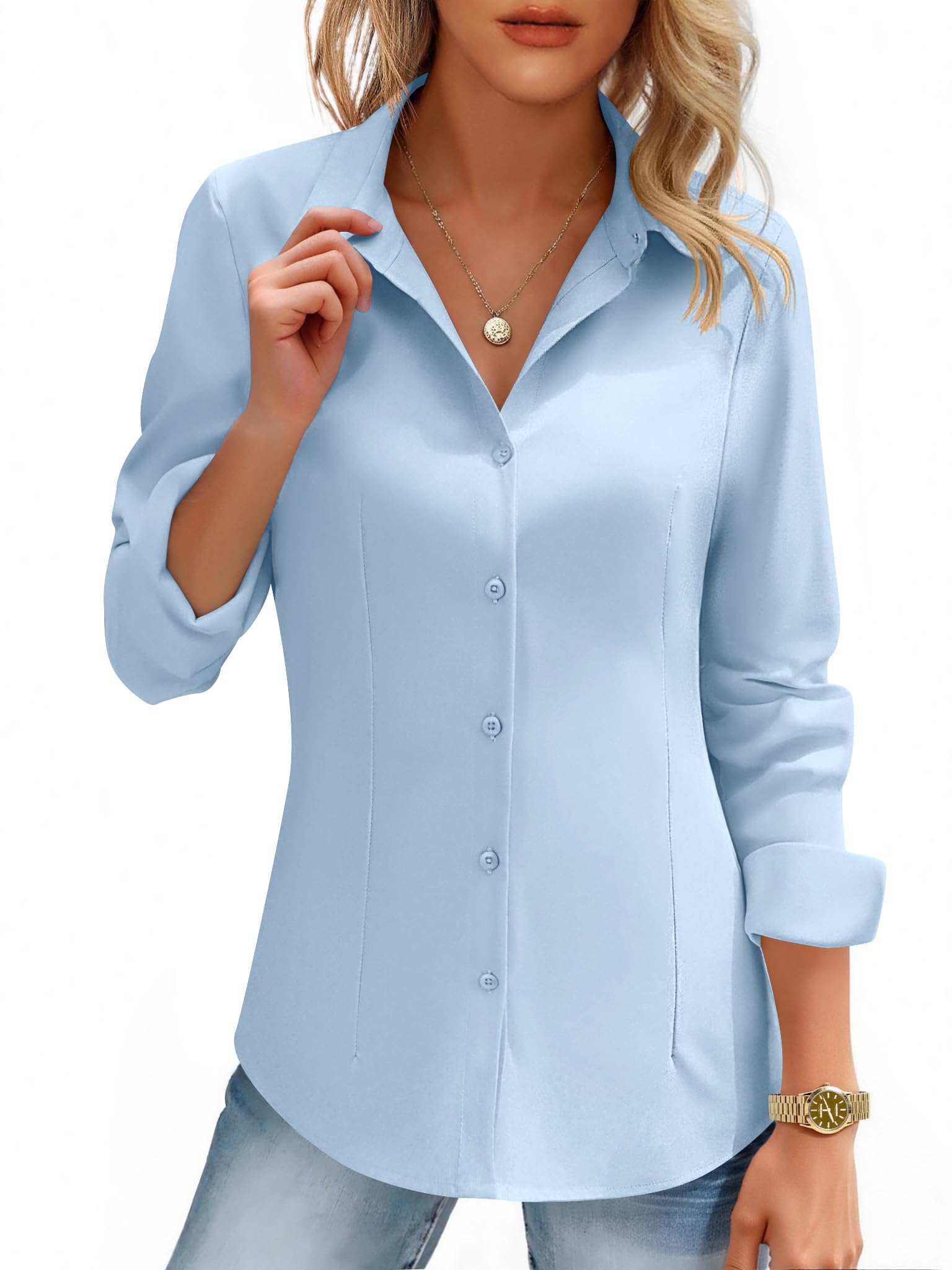 Hotouch Women's Button Down Shirts Long Sleeve Dress Shirts Slim Fit Business Casual Collared Work Office Blouses Tops