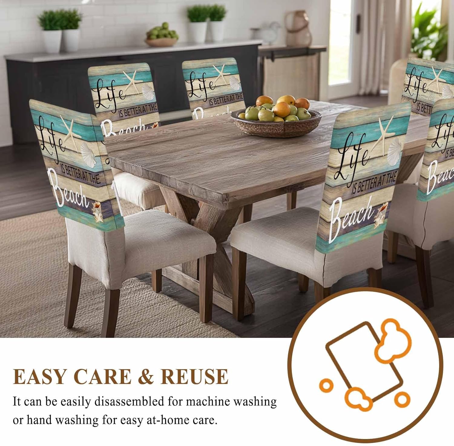Life is Better at The Beach Chair Back Cover for Dining Room, Chair Covers Set of 6, Wood Grain Starfish Shell Summer Removable Washable Slipcovers for Kitchen Hotel Banquet Decor,18x19in