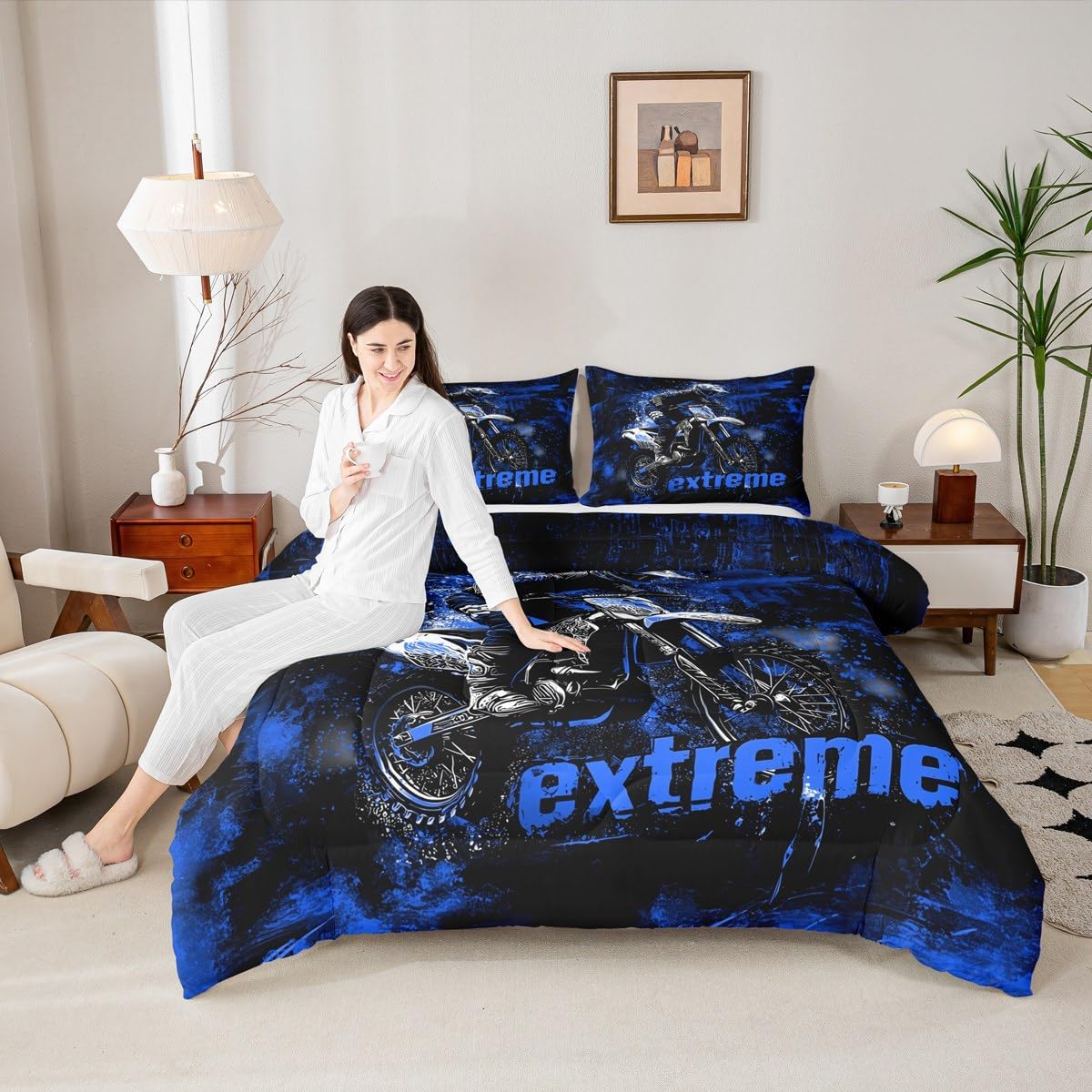 jejeloiu Dirt Bike Comforter Set Twin Size Kids Extreme Sports Bedding Set for Boys Girls Teens Adults, Racing Motocross Rider Duvet Quilt Breathable Soft Lightweight Room Decor 2Pcs Blue