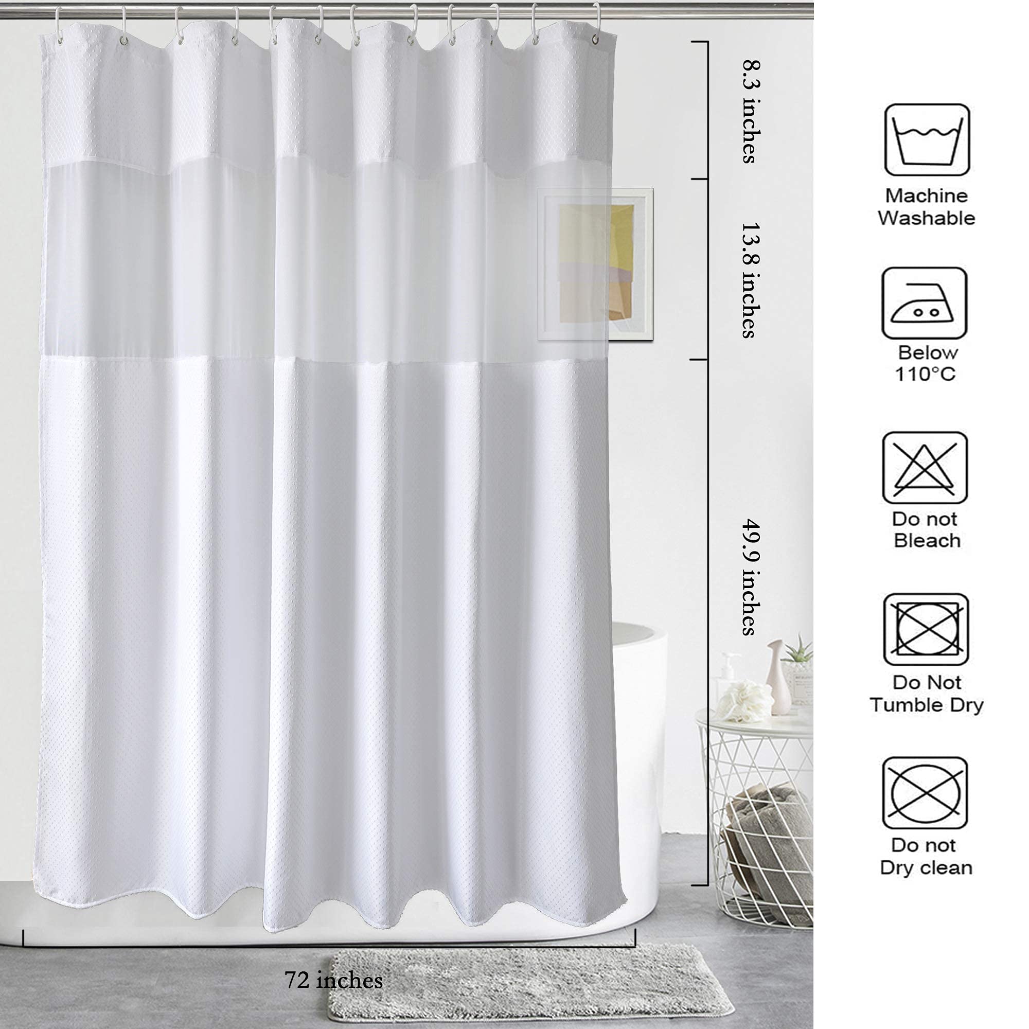 UFRIDAY Tenda da doccia in tessuto a nido d'ape con finestra a rete, tenda da bagno decorativa resistente con motivo piqué bianco, lussuosa, impermeabile, 183 x 183 cm