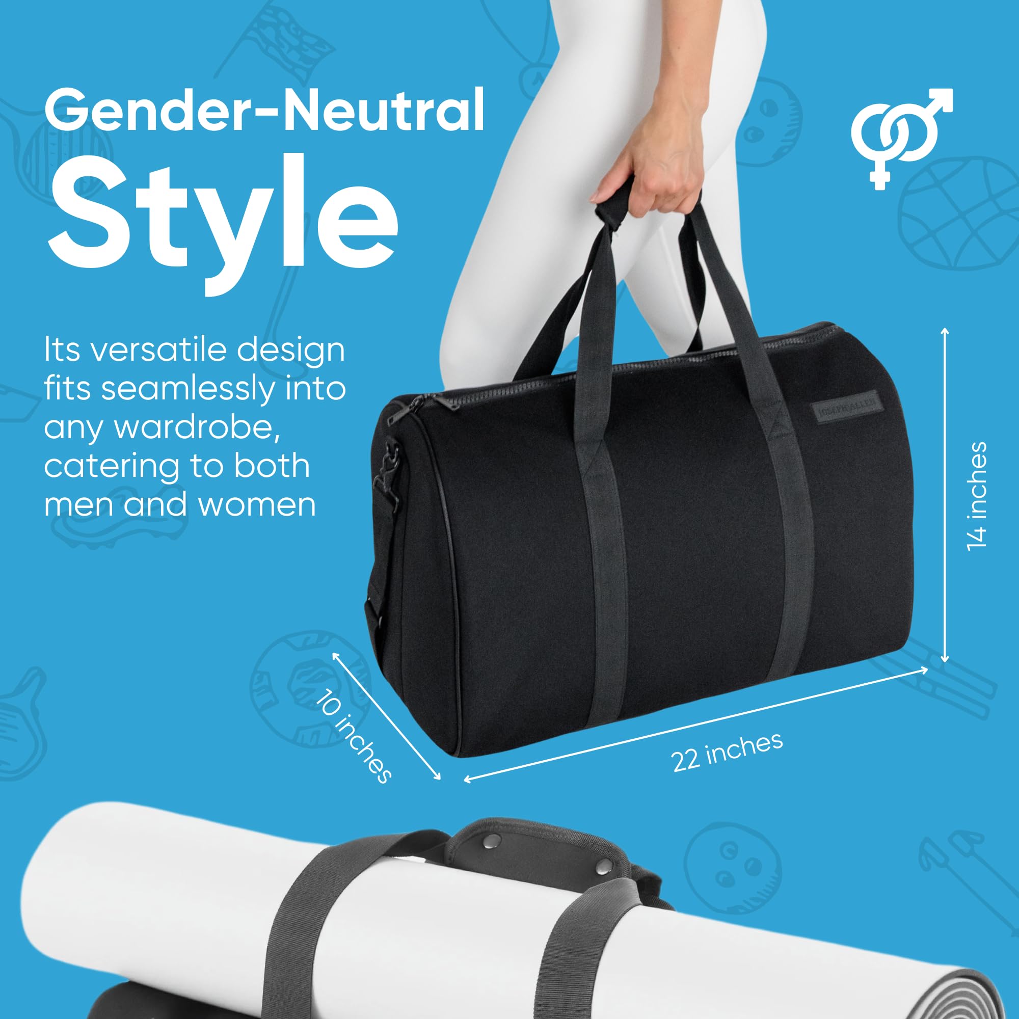 JosephAllen Borsa da palestra nera con supporto per tappetino da yoga, borsa in neoprene per palestra, yoga, weekender, borsa da palestra molto elegante e carina per donne e uomini