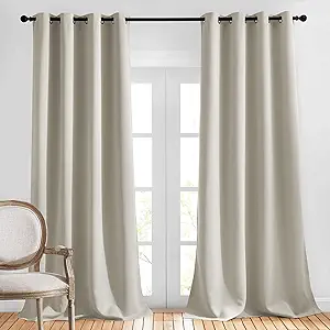 NICETOWN Bedroom Blackout Curtain & Drape 95 inch Length - Thermal Insulated Solid Grommet Sound Reducing Window Drape for Living Room/Laundry, 1 Panel, Natural, W52 x L95