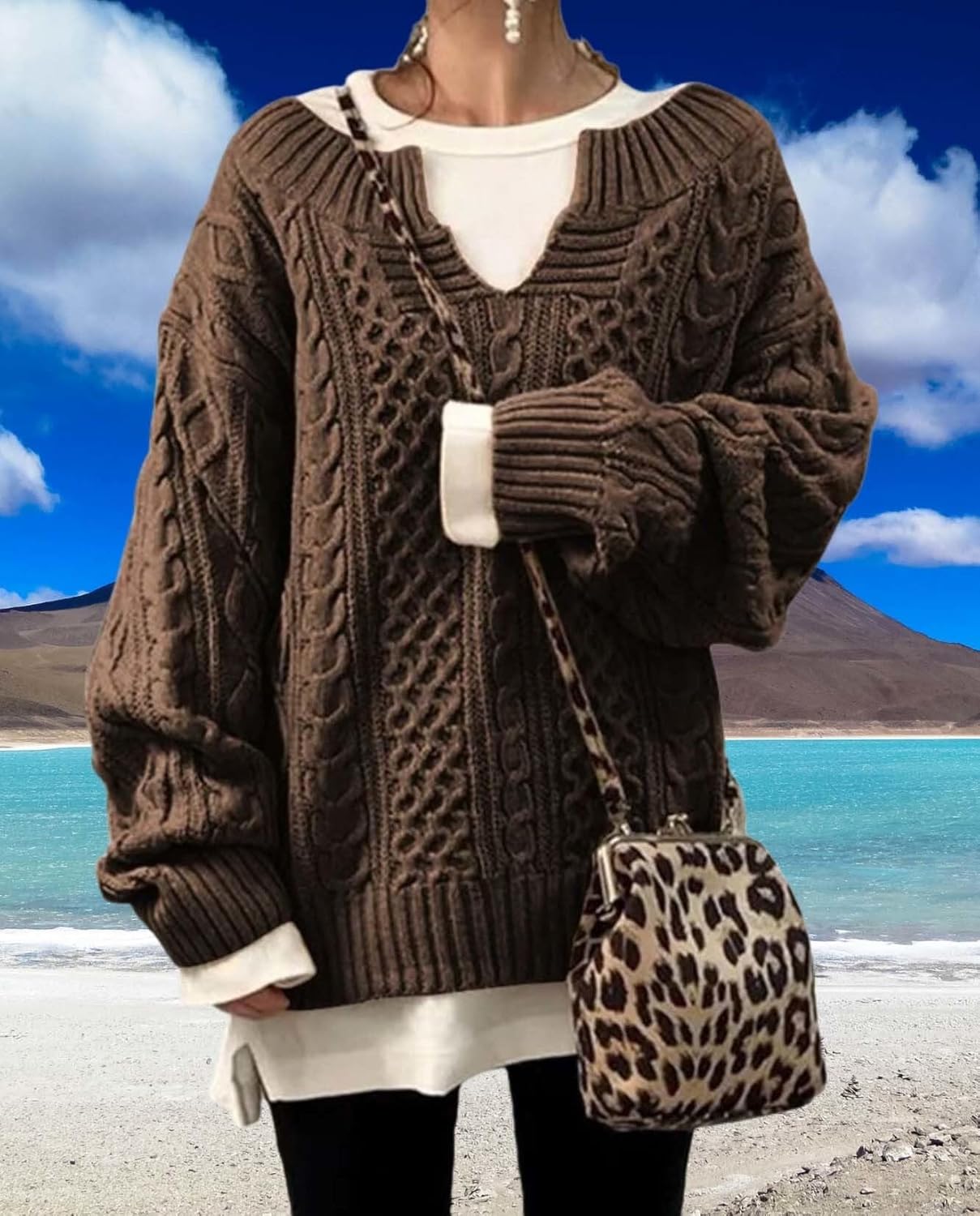 Womens Winter Chunky V Neck Long Sleeve Loose Knit Pullover Sweater Fashion Knit Casual Knit Sweater - Image 5