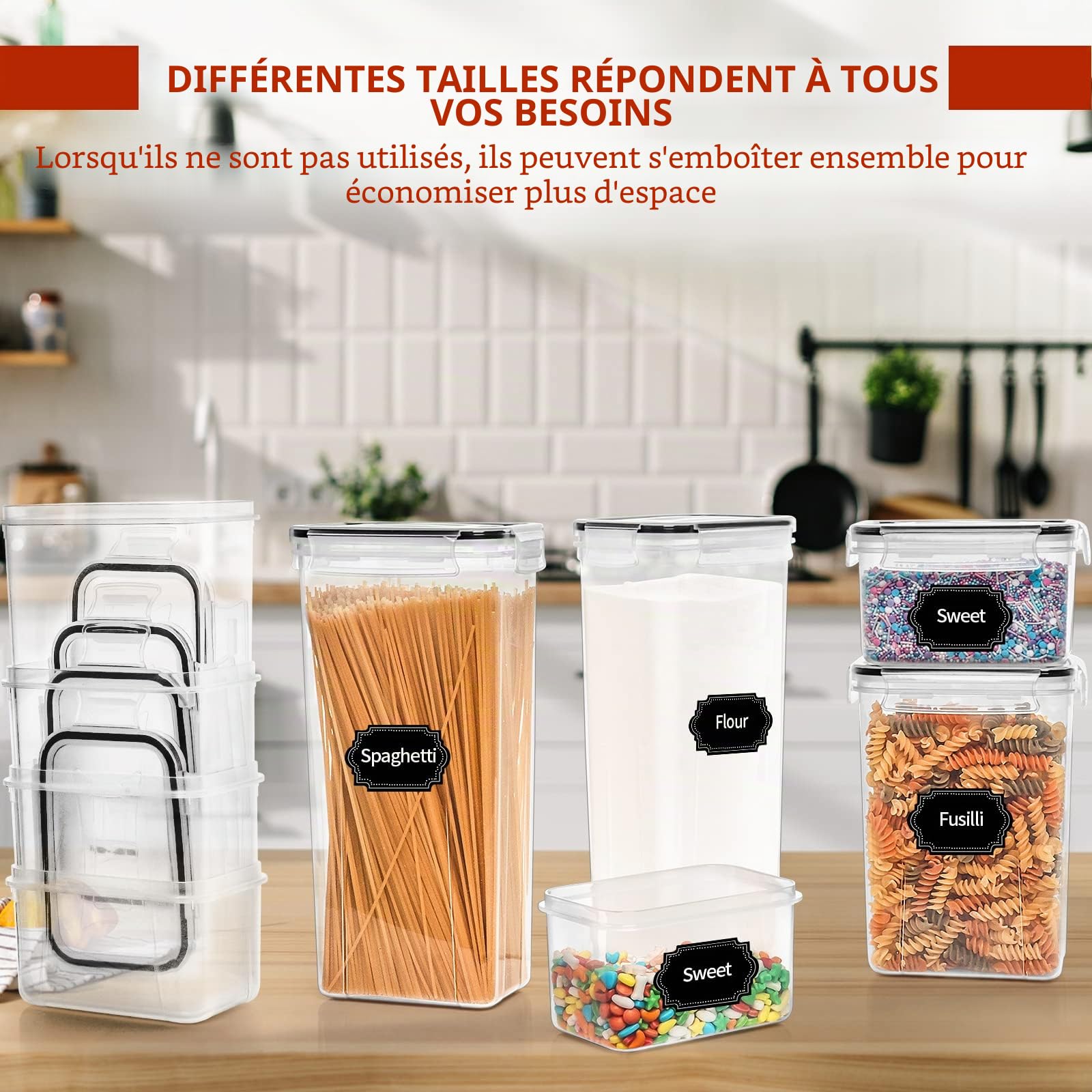 Skroam Lot 24 boîtes hermétiques pour organisation et rangement du garde-manger, céréales, pâtes, farine et sucre