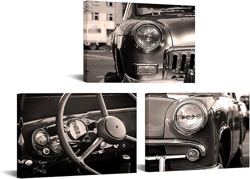 Nachic Wall 3 piezas de imágenes retro sepia clásicas de automóvil americano, impresión en lienzo vintage para volante de coche antiguo, póster de