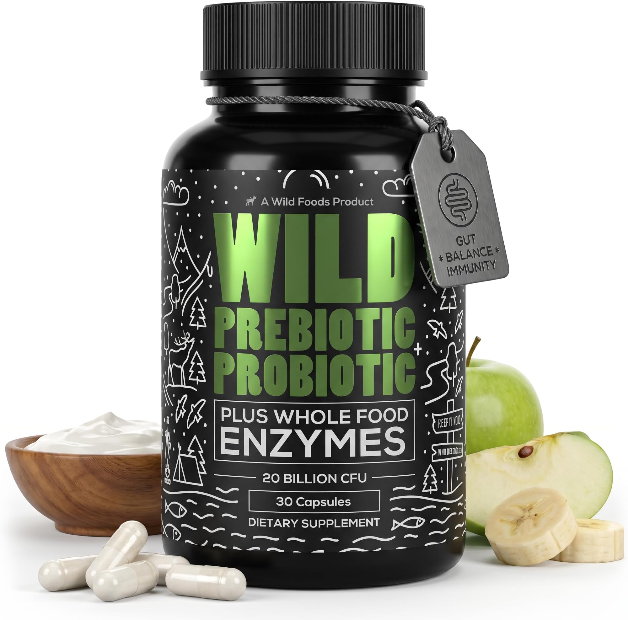 Wild Prebiotics and Probiotics with Digestive Enzymes | 20 Billion CFU - 10 Strains for Women & Men | Support Gut Health & Digestion Supplements | Non-GMO Prebiotic Fiber | 30 Capsules