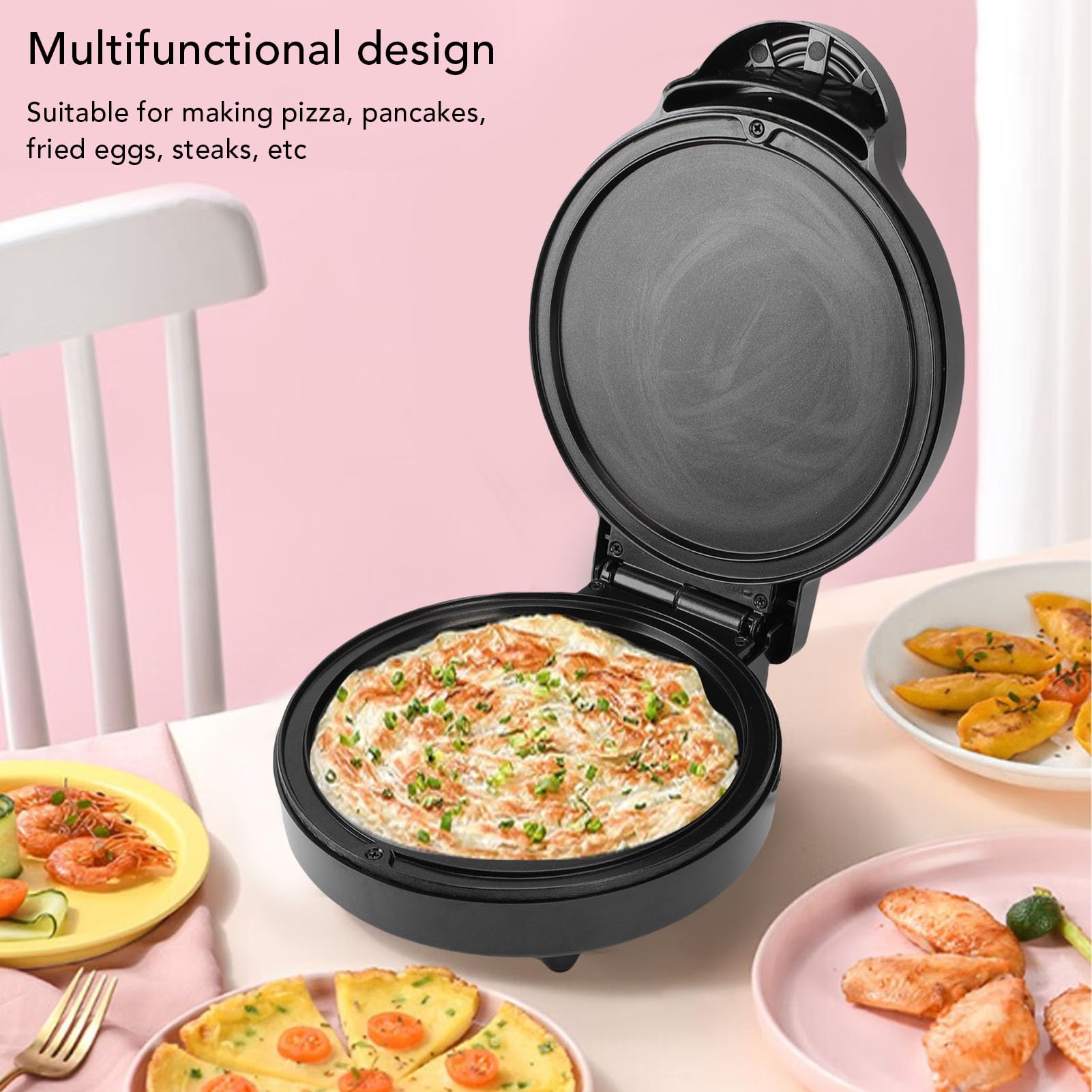 Pssopp Heating Countertop Pizza Maker, 6.89in Heating Diameter Multifunctional Design Anti Stick Electric Round Griddle for Quesadillas Omelettes and More(1000W) (US Plug 110V)