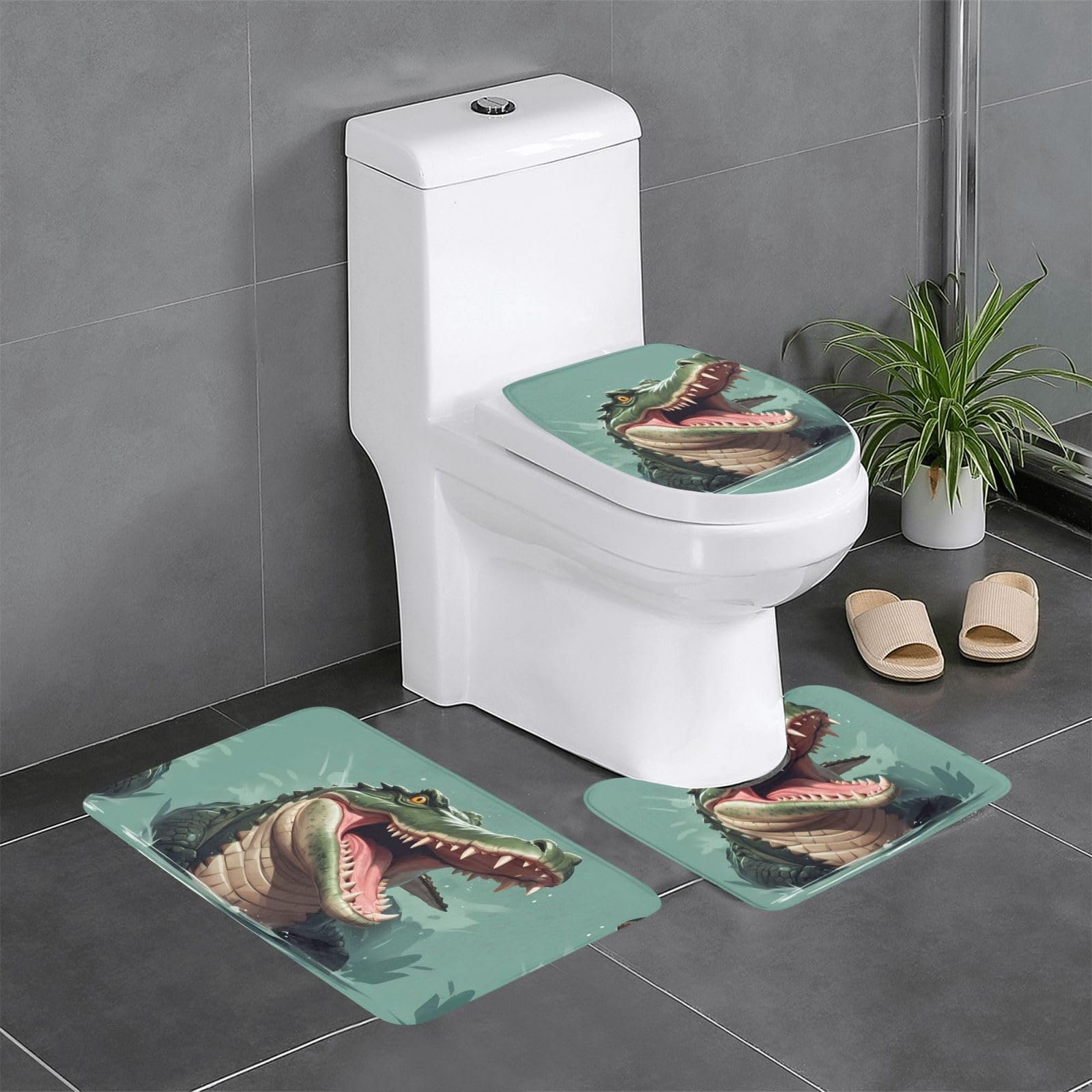 Tapis de salle de bain antidérapant Ferocious contre les glissades, lot de 3 crocodile WC