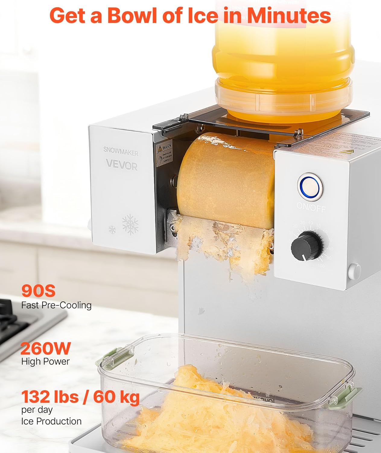 VEVOR Snowflake Ice Machine, 132LBS/24H Snowflake Ice Maker, Ice-Shaver Machine with Stainless Steel Blade, Electric Snow Cone Maker with 0.48Gal Tank, 90S Fast Pre-Cooling, for Home & Small Gathering