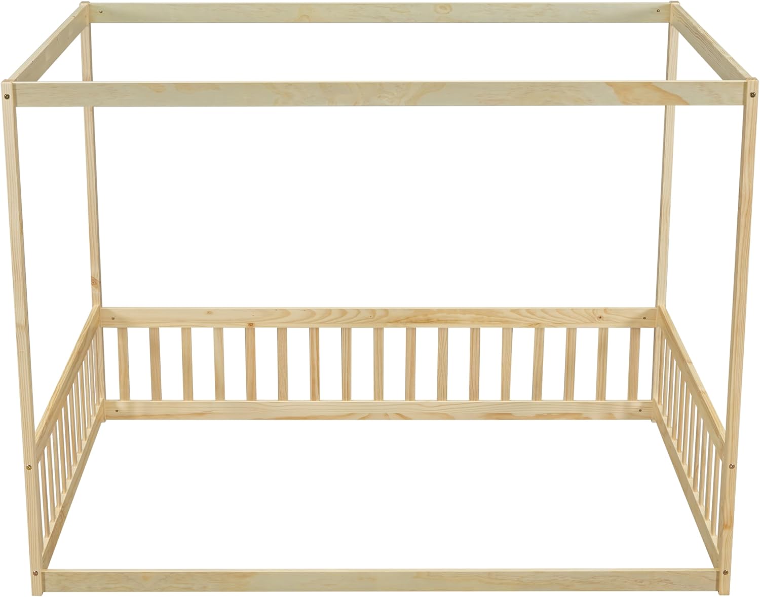 Full Size Canopy Bed, Wooden Floor Bed Full Bed Frame with Fence, Guardrails for Kids, Children, Boys&Girls, No Slats, Natural
