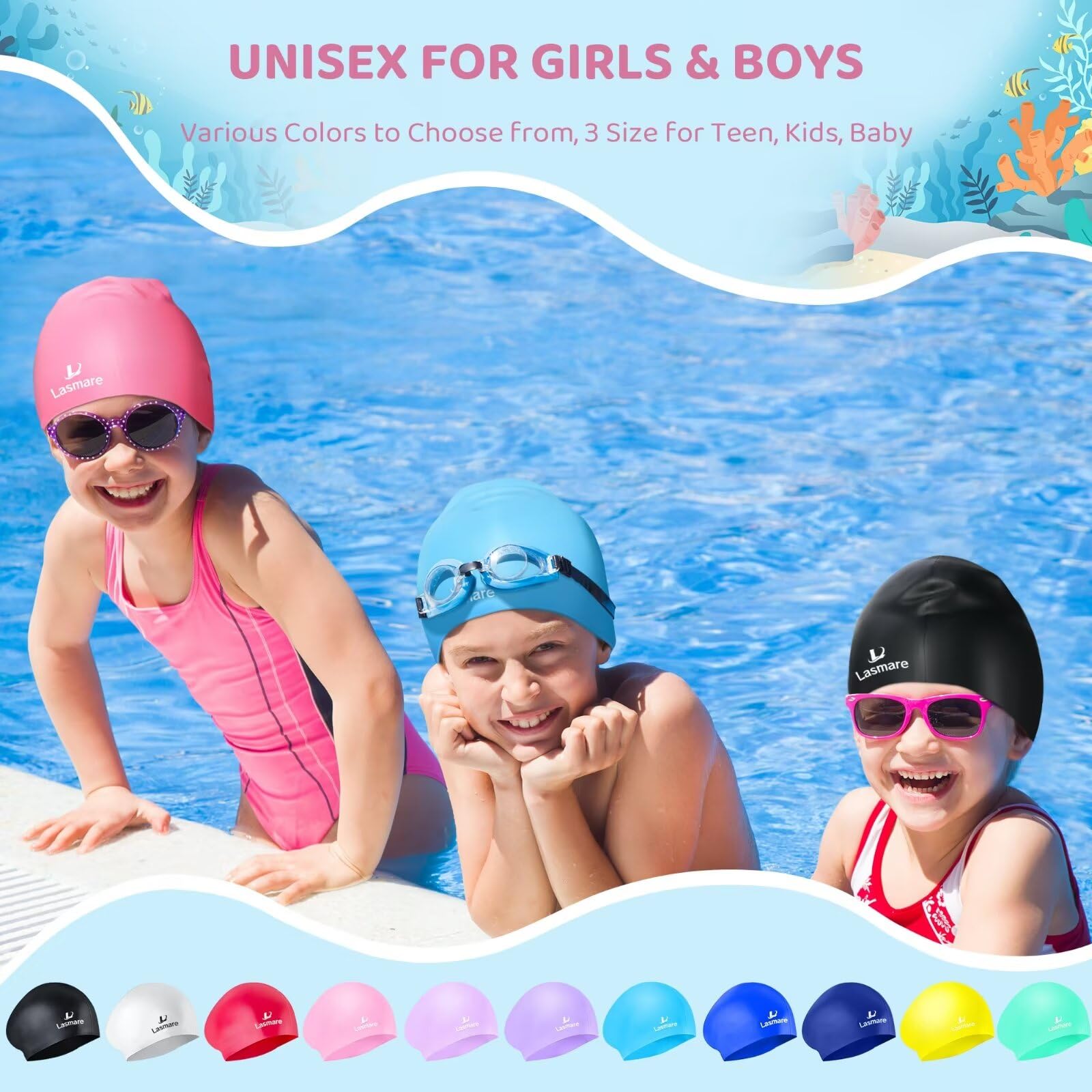 Cuffia Da Nuoto In Silicone Per Bambini Con Capelli Lunghi 3-15 Anni - Set Con Tappi Orecchie E Clip Naso (Rosa, 8-15 Anni)