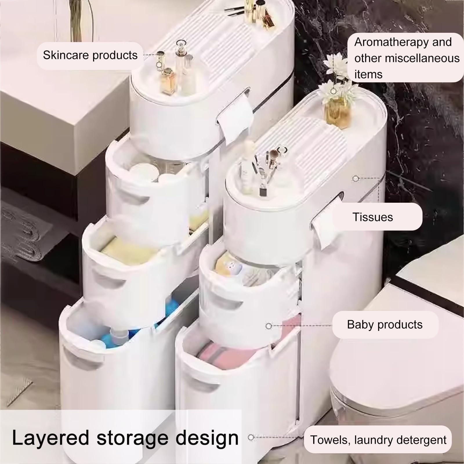 PAKMEZ Kleiner Badezimmer Aufbewahrungsschrank, mit Schubladen aus Kunststoff, Platzsparende Lösung, Organizer, Badezimmer, Wohnzimmer, Küche, Flur(18 * 41 * 64cm/7 * 16 * 25in)