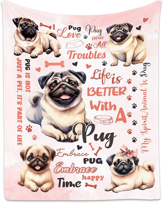Pug Blanket, Pug Lovers Gift, Cute Soft Throw Gifts for Girls Boys Women, Cozy Flannel Throw Blankets for Couch Sofa, 30"x40"