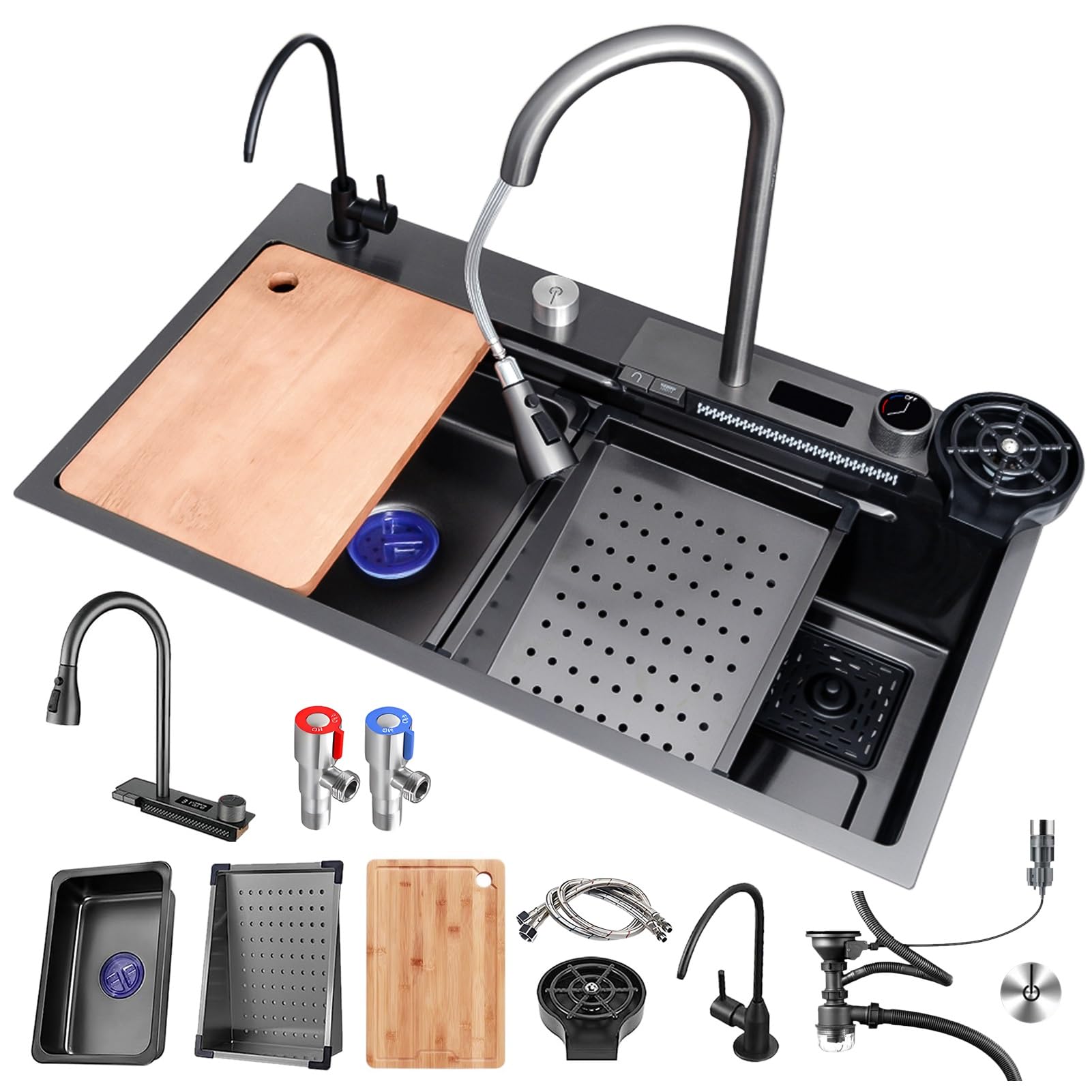 Fregadero de Cocina Grande con escurridor, Fregadero de un Solo Seno para encimera, para instalación empotrada, Acero Inoxidable, Incluye Kit de desagüe Completo (Negro, 75x45x22cm
