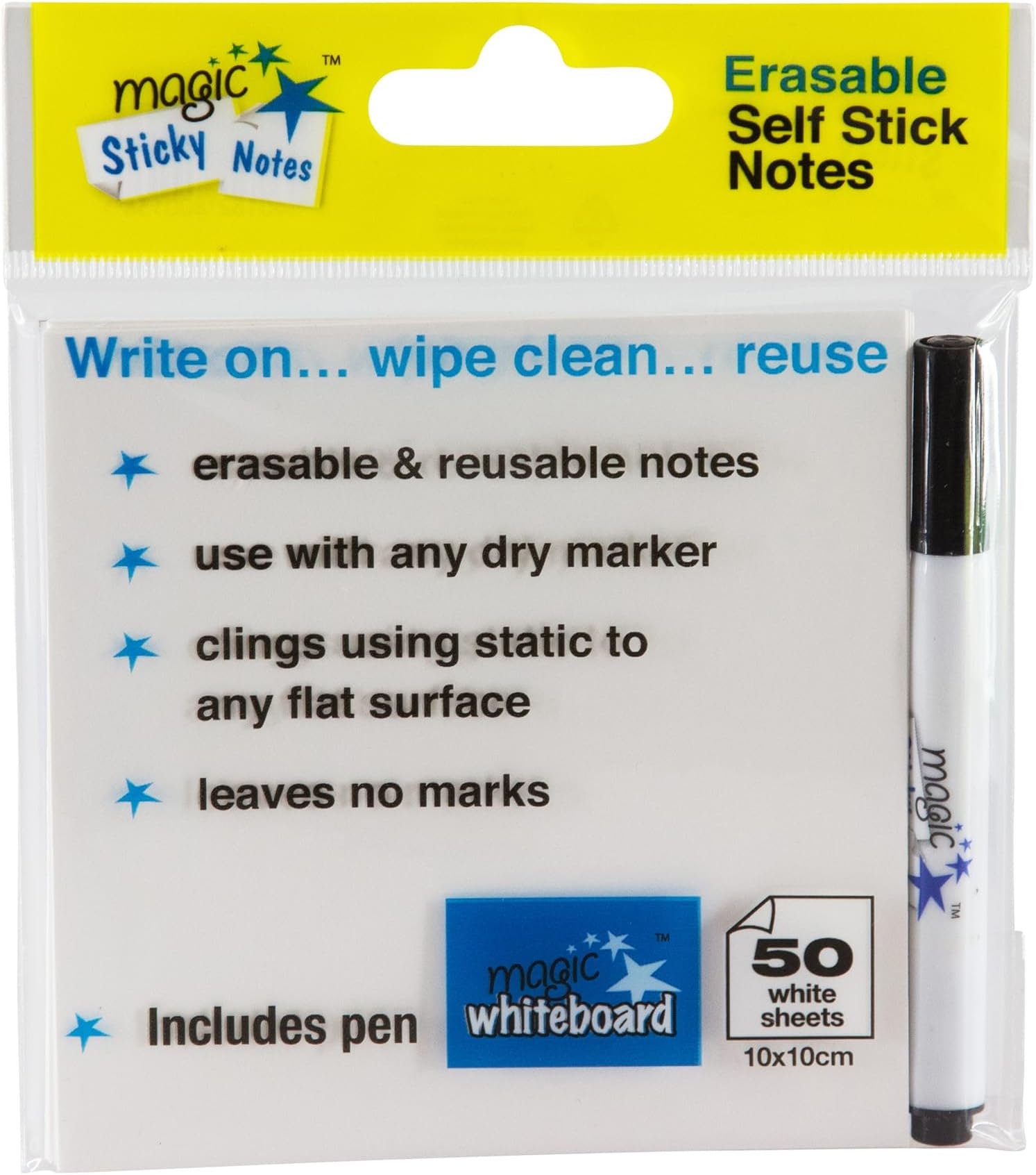 Magic Whiteboard Sticky Note Pad White 50 Sheets (4”x4”) Portable Dry-Erase Surface | Removable Static Cling | Home, Office or Classroom Use (MW1352)