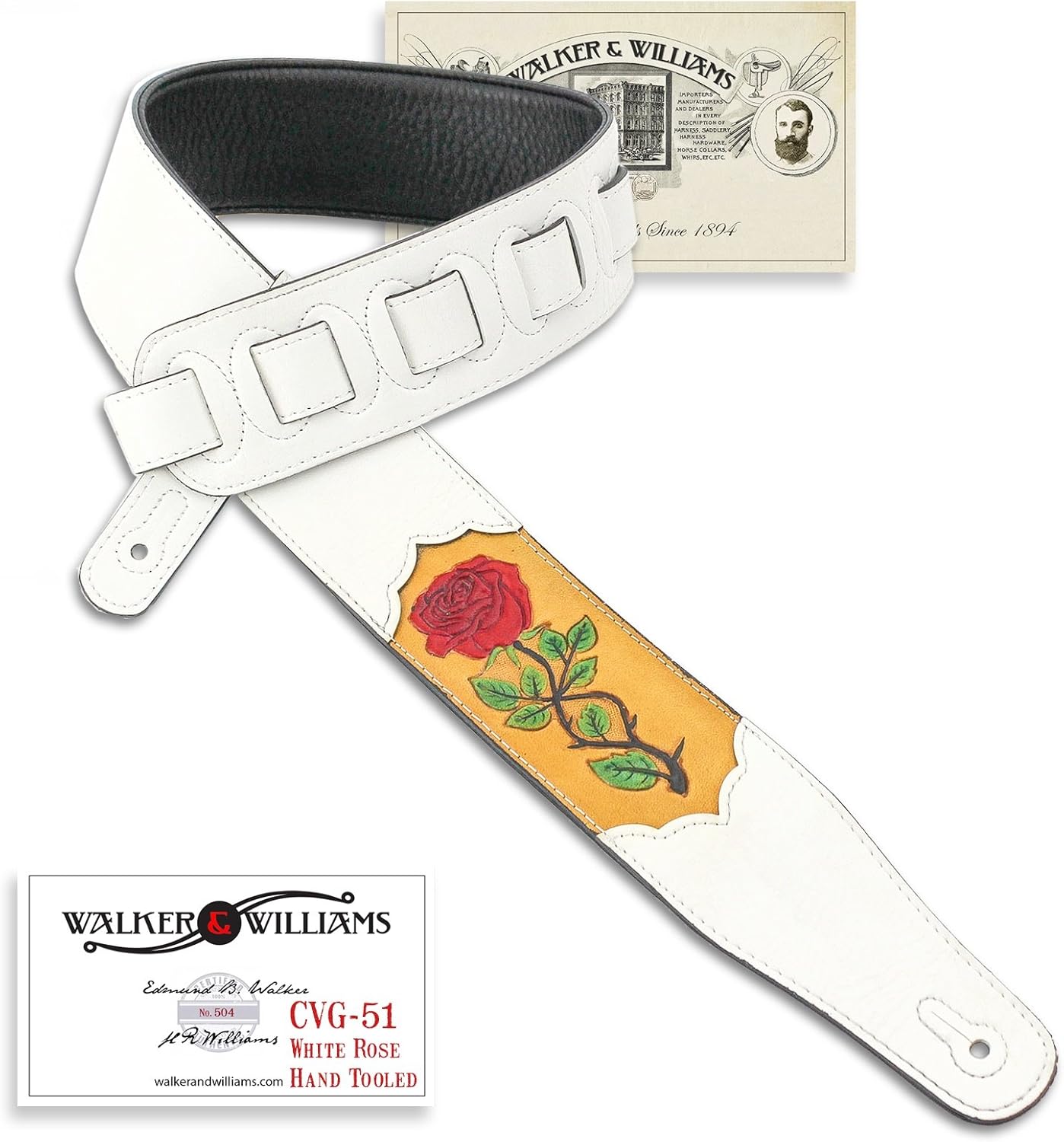 Walker & Williams CVG-51 White Leather Strap Hand Tooled Leather Red Rose Design For Acoustic, Electric, And Bass Guitars