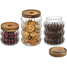 MyGift Deluxe Modern Wavy Ribbed Glass Kitchen Storage Jars with Solid Acacia Wood Lids Set of 3 Food Storage Containers