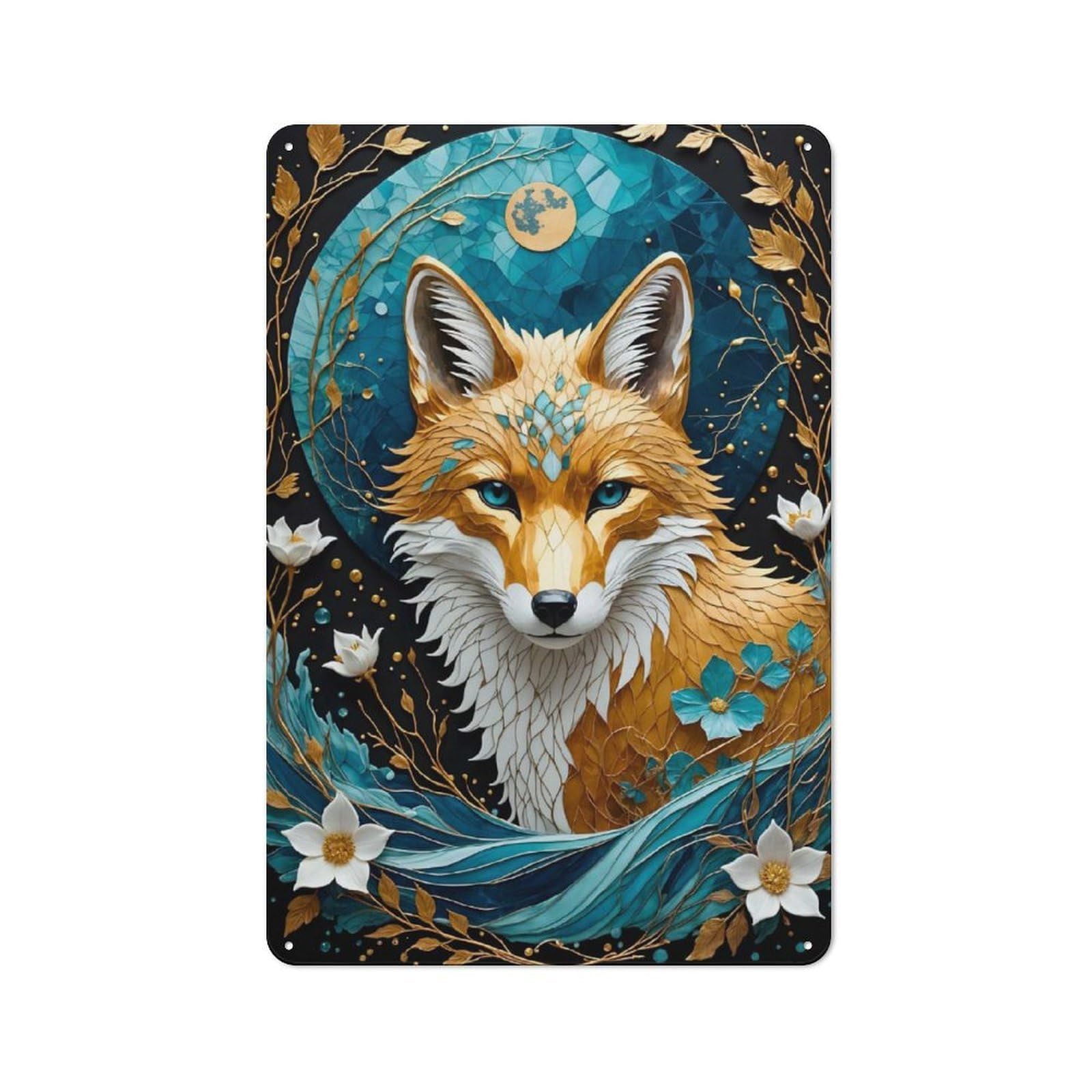 Kitsune Fox Kintsugi Metal Wall Sign 30x20cm, Modern Retro Loft Wall Plaque for Flat, Bar, Studio Or Gallery Wall