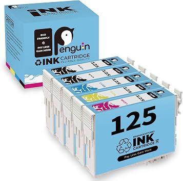 Penguin Remanufactured Ink Cartridge Replacement for Epson 125 T125 Used for Stylus NX125 127 130 230 420 530 625 Workforce 320 323 325 Printer 5 Pack 2 Black 1 Cyan 1 Magenta 1 Yellow Combo Pack