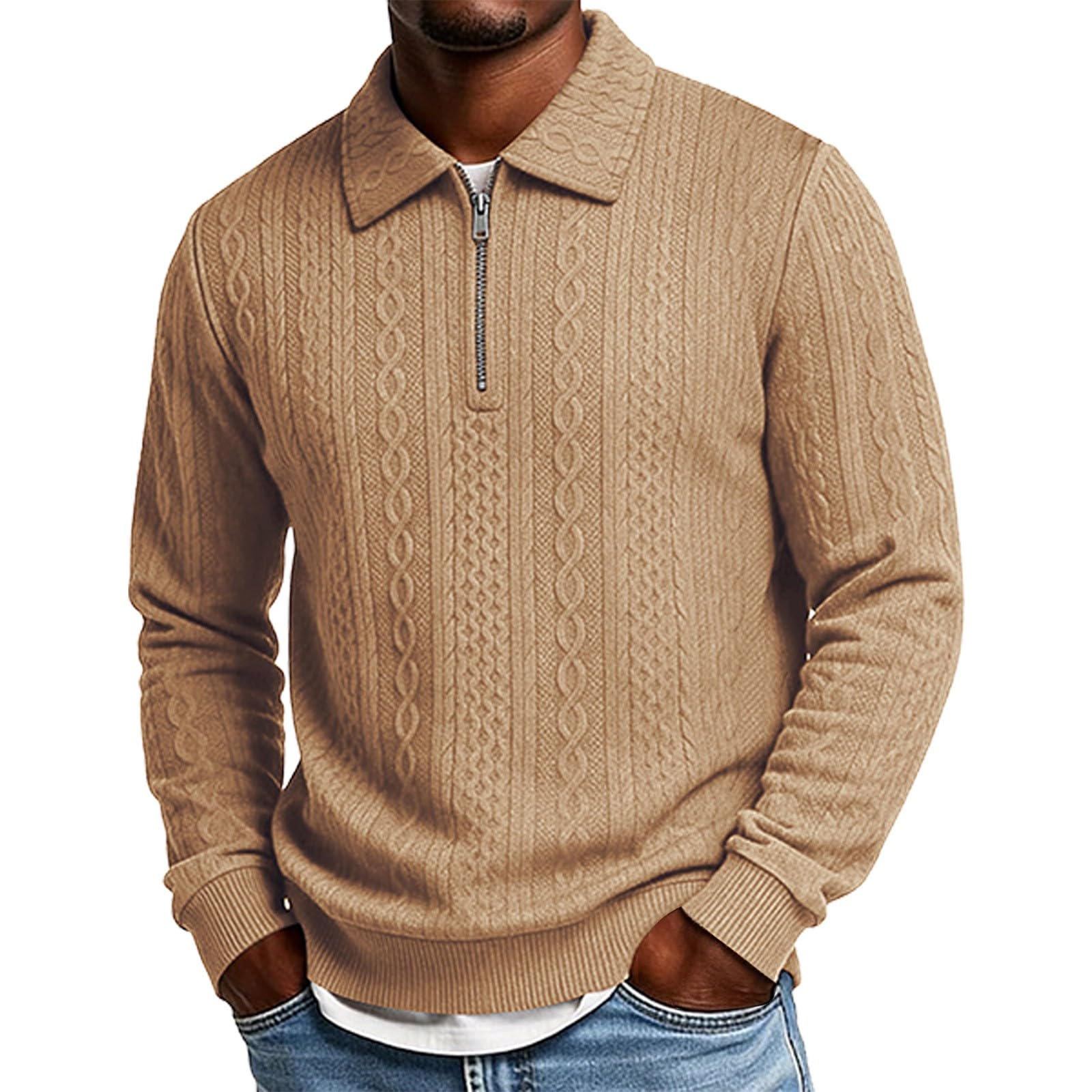Polo da uomo a maglia a trecce, con cerniera a un quarto, a maniche lunghe