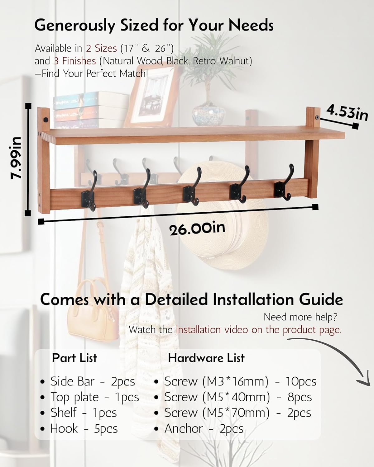 Coat Rack Wall Mount with Shelf, 26IN Wooden Coat Hanger Hooks Wall Mount with 5 Metal Hooks, Hanging Shelf with Hooks, Wood