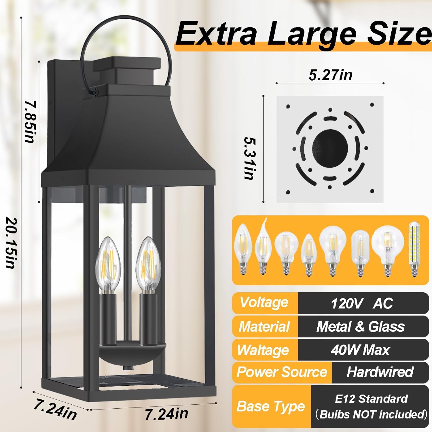 20" Outdoor Lanterns for Porch, 2 Pack Large Outdoor Wall Lights Exterior, 2-Light Wall Sconce for House Garage Front Door