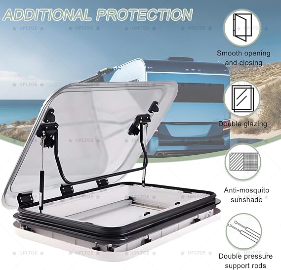 RV Sunroof Large Caravan Skylight | LED Light | 500x500 / 700x500 / 800x500MM /960x650 Cutout | Dual-Layer Acrylic | Fits 25-35/35-45/45-55/50-60MM Roof | Ventilation Function 500×500mm