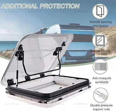 RV Sunroof Large Caravan Skylight | LED Light | 500x500 / 700x500 / 800x500MM /960x650 Cutout | Dual-Layer Acrylic | Fits 25-35/35-45/45-55/50-60MM Roof | Ventilation Function 500×500mm