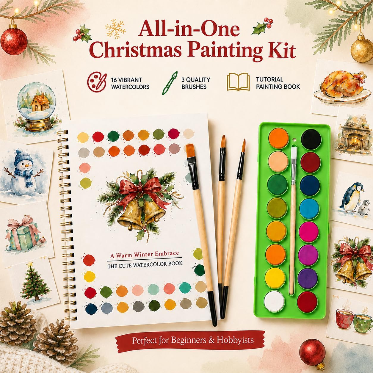 EIOLUIK Watercolor Christmas workbook, 16 Colors, 3 Brushes. Perforated Pages. Great Gift for Women, Kids & Beginners. Perfect for Christmas