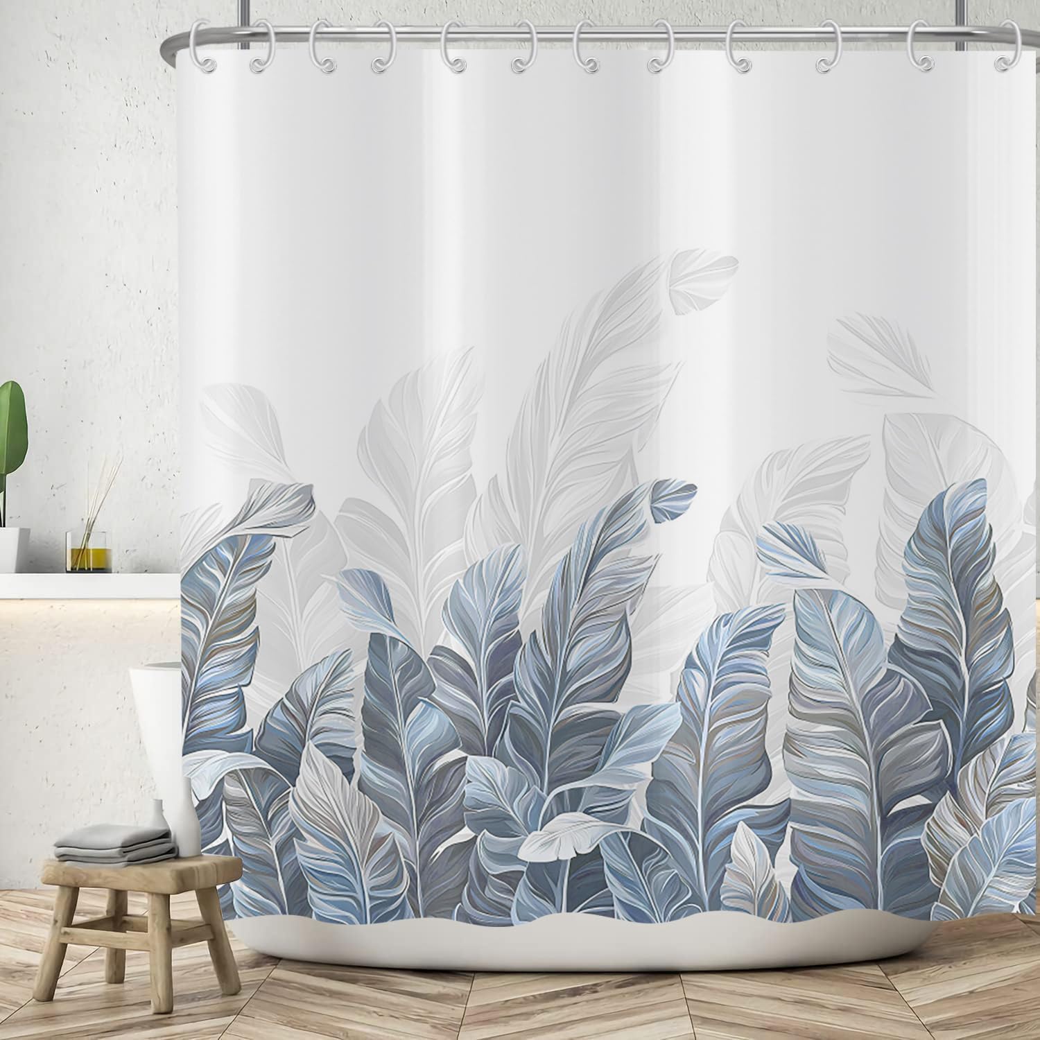 ASDCXZ Leaves Shower Curtain 150x180 cm, Spring Simplicity Blue Grey Tropical Leaves White Bath Washable Shower Curtains Polyester Textile Waterproof Bath Curtain for Bathtub with 10 Hooks โ image 1
