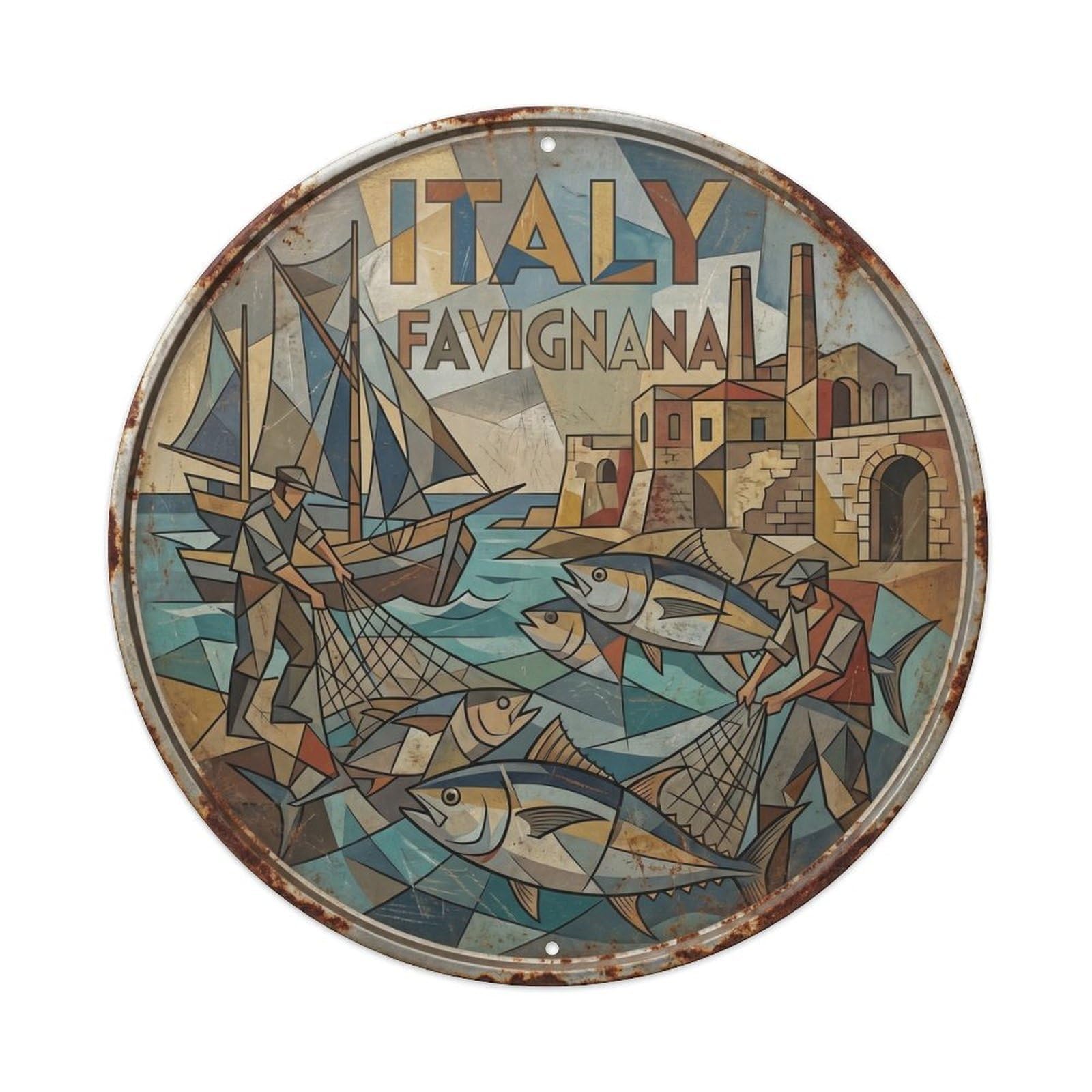 Favignana Tuna Italian Modern Cubist Europe Travel Metal Tin Sign