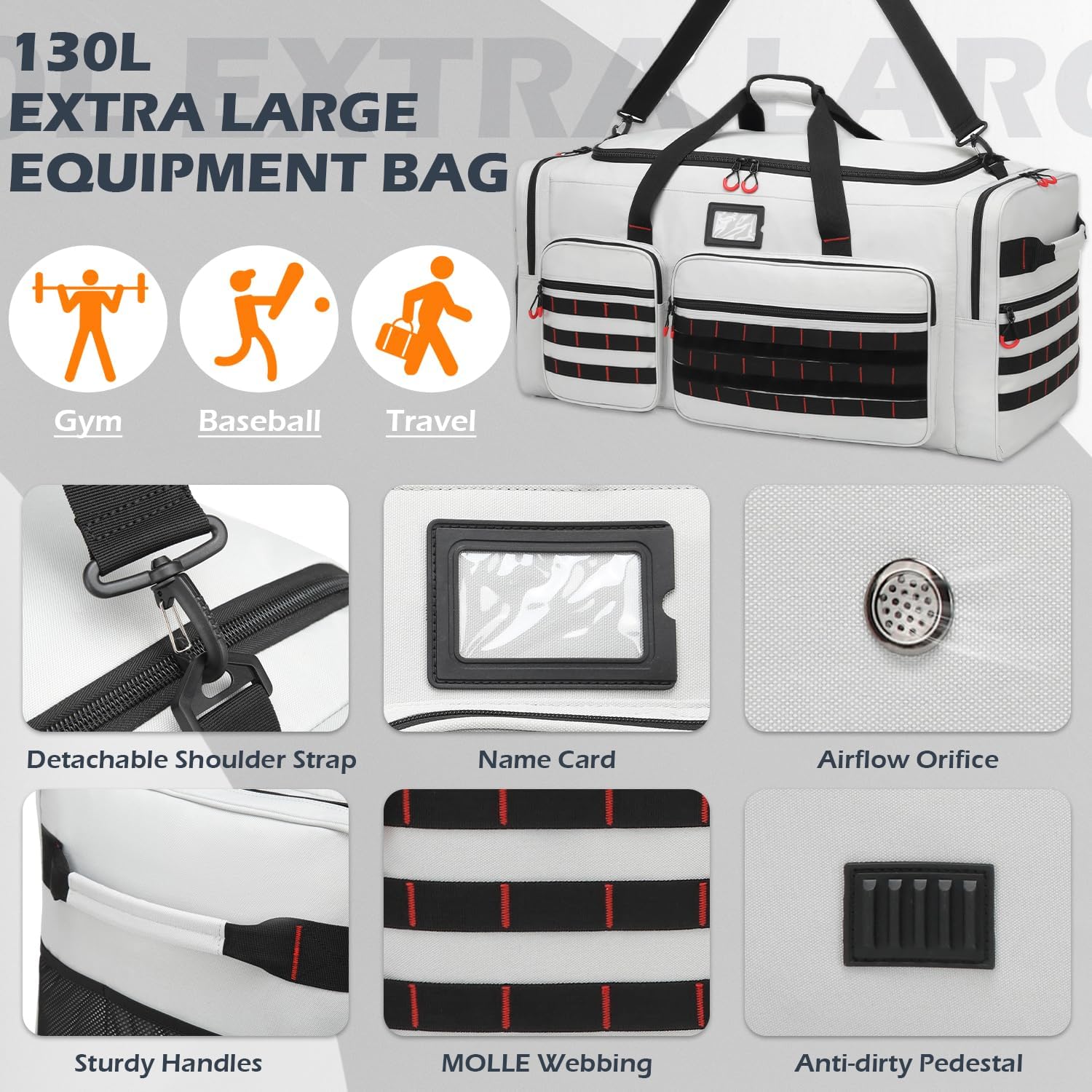 135L Large Duffle Bag, Heavy Duty Duffle Bag for Travel, Extra Large Sports Gym Equipment Bag for Soccer Baseball Basketball Hockey Football, Grey