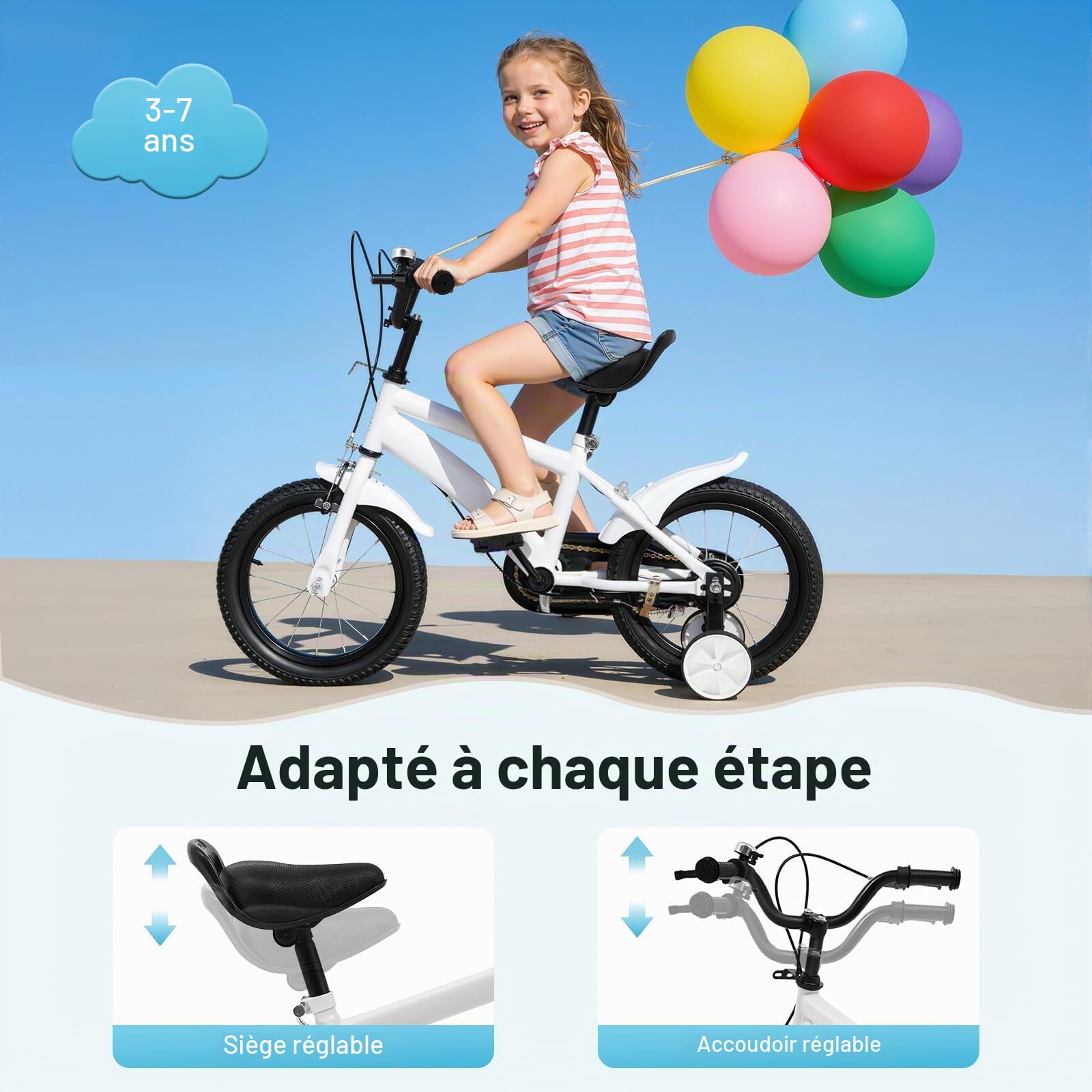Vélo pour enfant de 14 pouces, vélo pour adolescent avec roues stabilisatrices, vélo éducatif avec siège réglable, vélo débutant avec cadre robuste, moyeu à roue libre, pour enfants, débutants