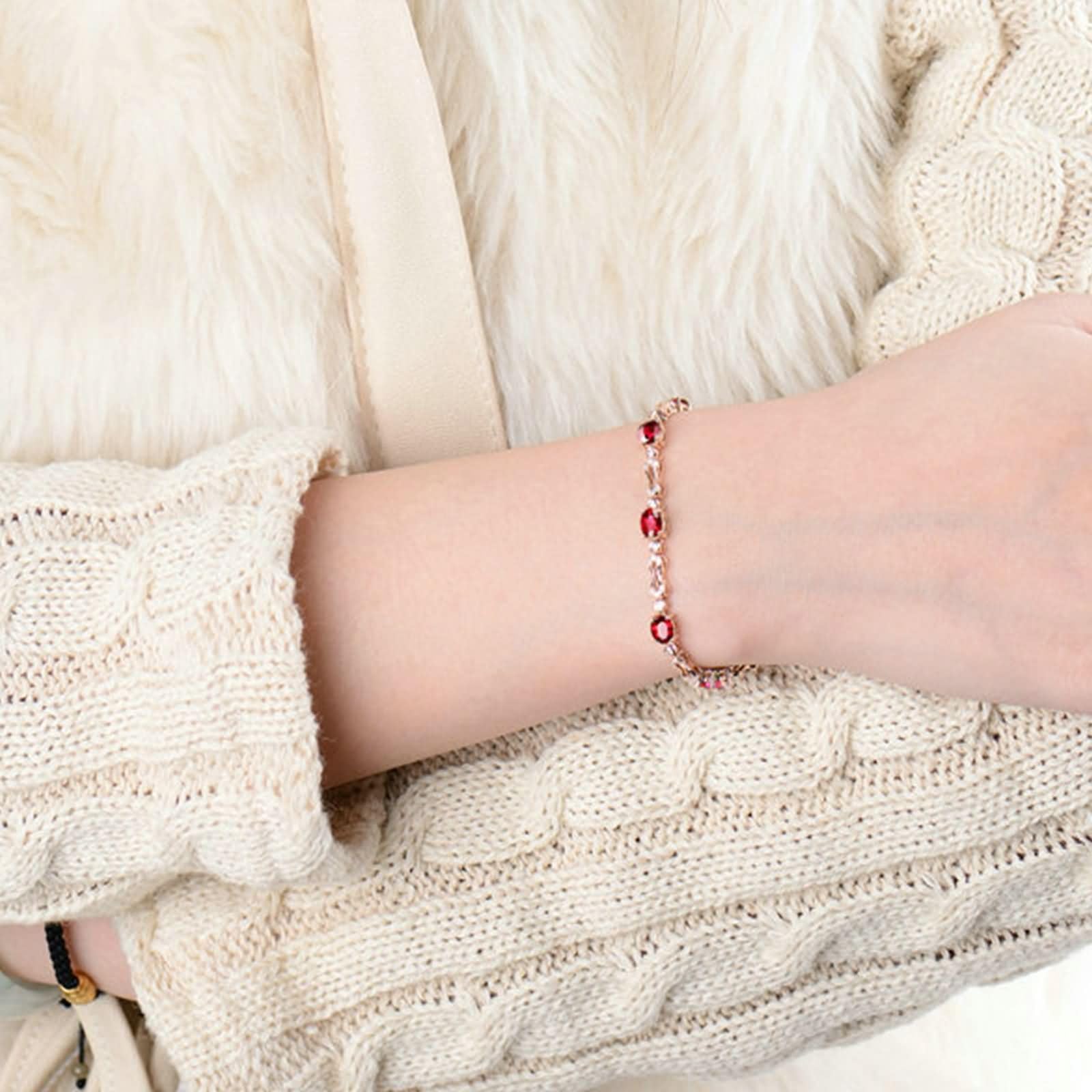 Pulseras Mujer Oro Rosa 9K / 14K / 18K, Oval con Rubí de 2 ct y Diamante de 0,62 ct, Cadena 16 CM, Pulseras Oro Rosa Mujer de