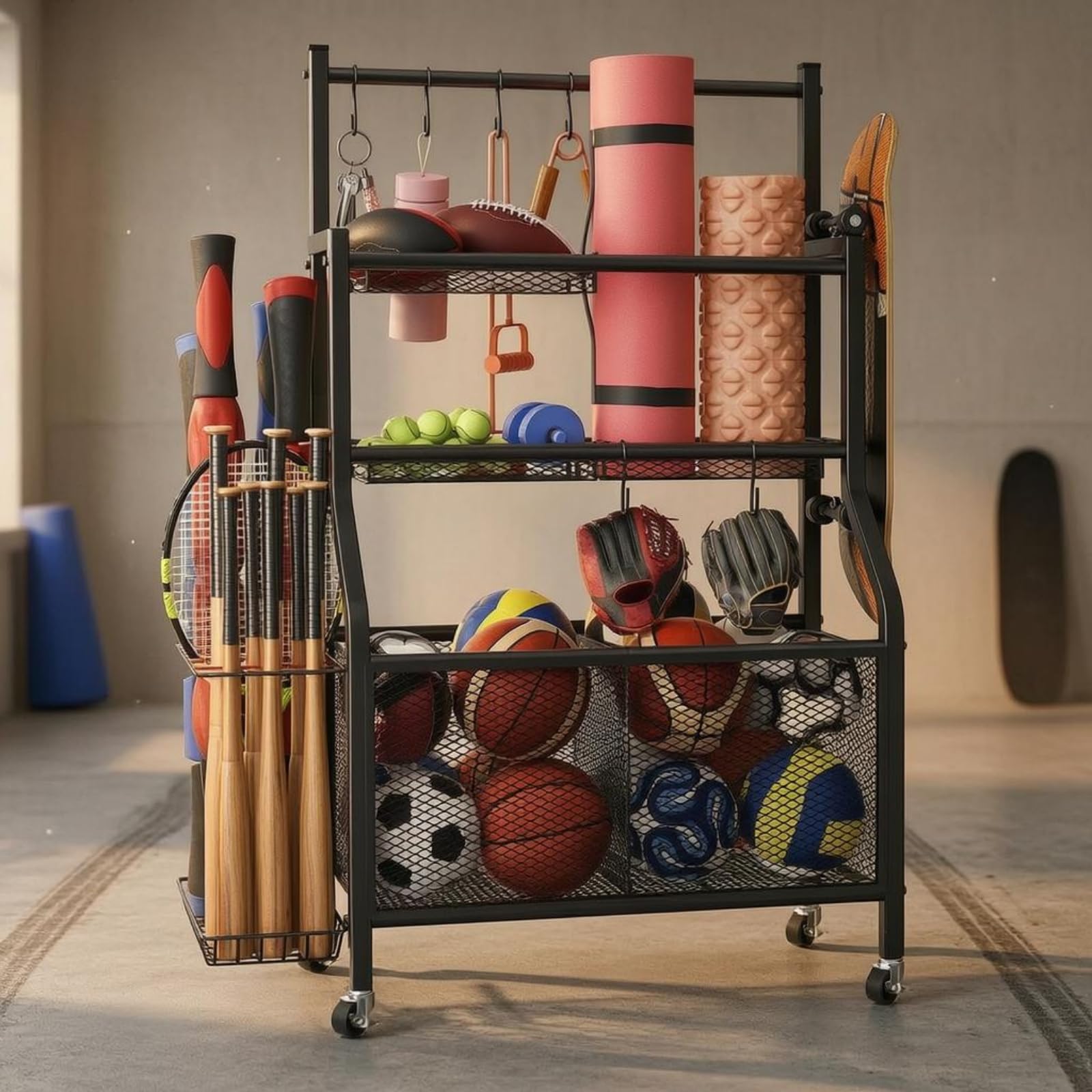 Rastrelliera Porta Attrezzi con Rotelle Metallico Carrello Porta Attrezzi Sportivi Design Verticale Attrezzature Sportive